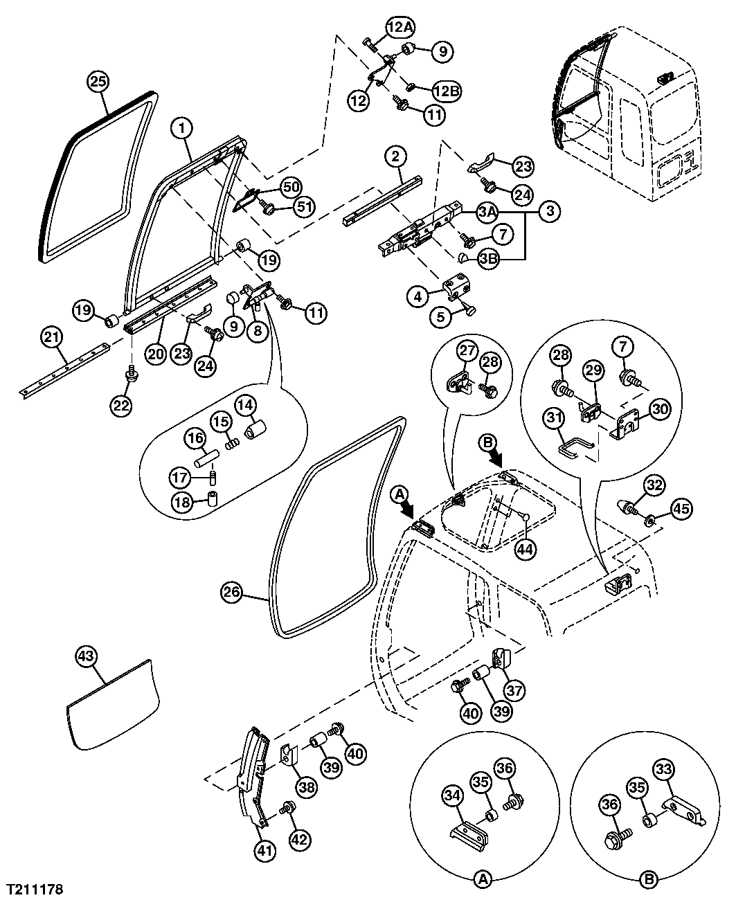 CAB FRONT WINDOWS, HANDLES, AND OPENING TRACKS