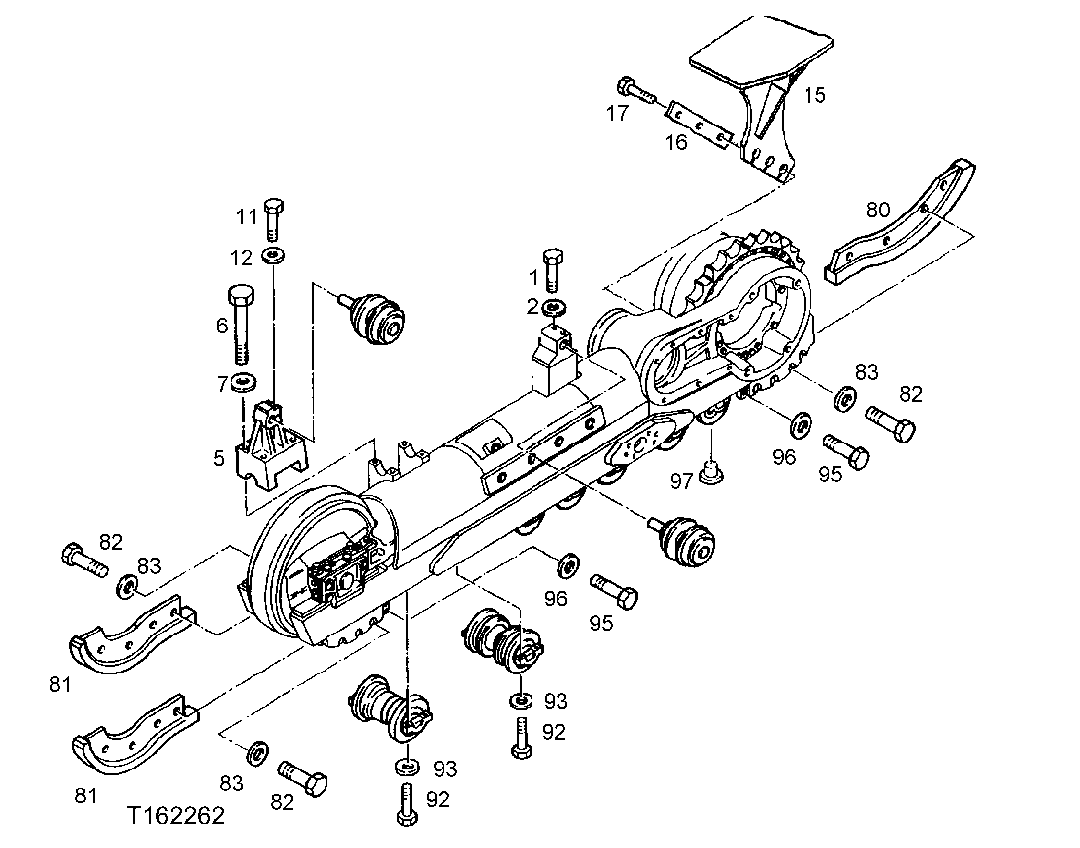 FRONT AND REAR TRACK CHAIN GUIDES, CARRIER ROLLER SUPPORTS AND SPROCKET GUARDS