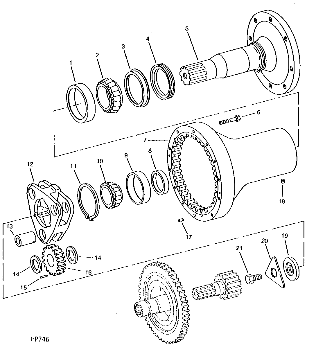 FINAL DRIVE AXLE SHAFT, OUTER HOUSING, PLANETARY PINION, AND BEARINGS