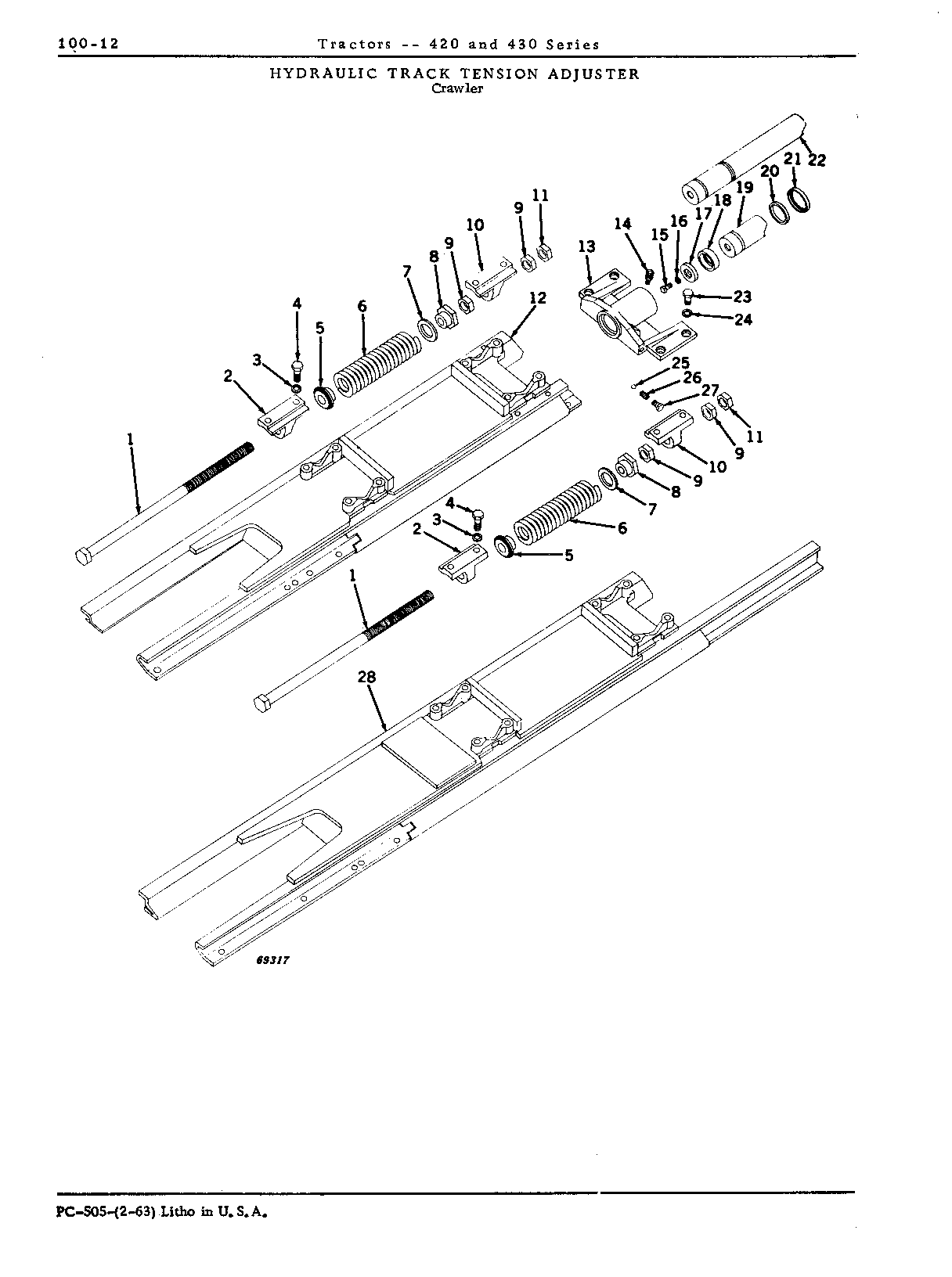 Five-roller, hydraulic track tension adjuster