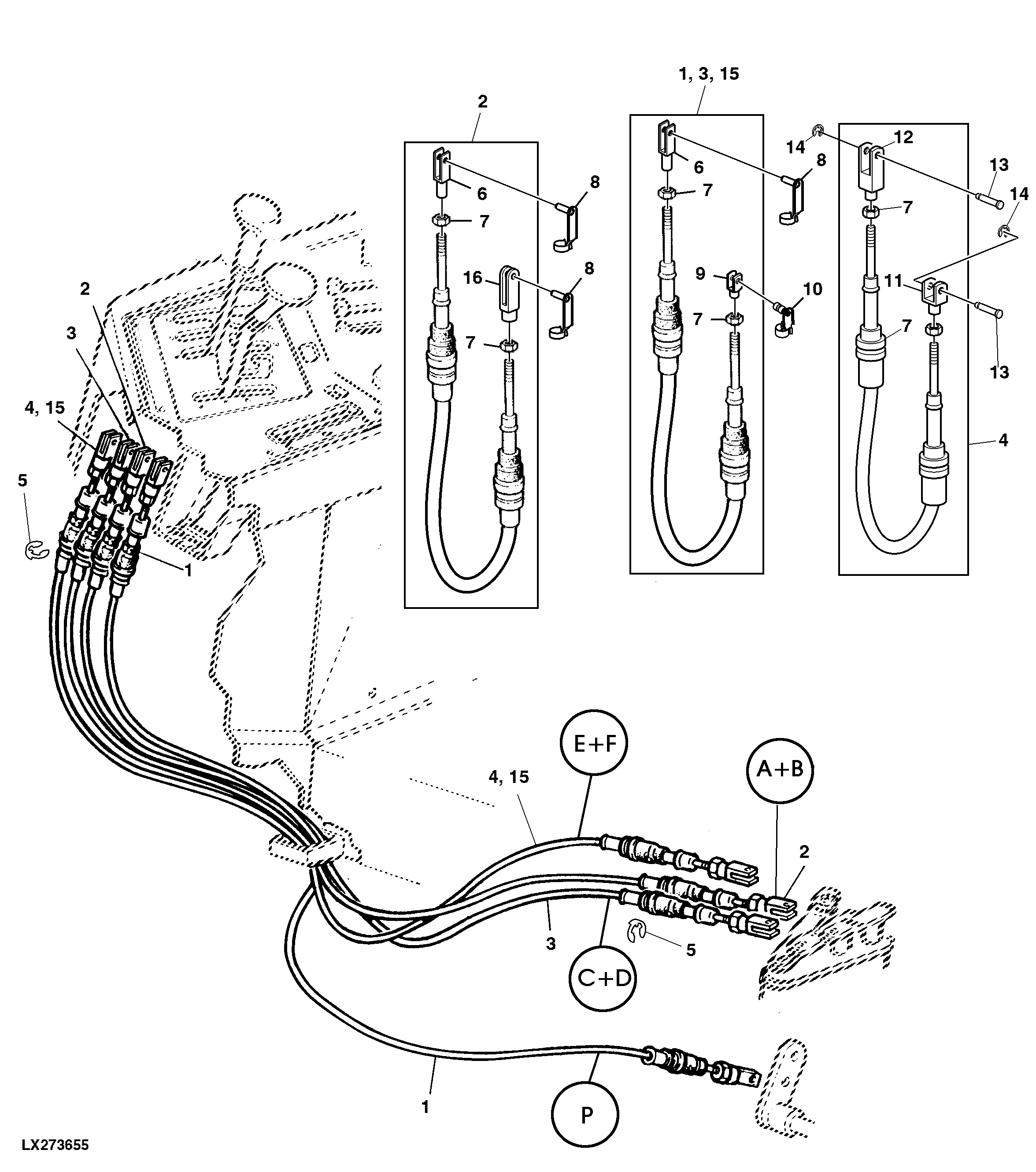 BOWDEN CABLES FOR RANGE SHIFT AND PARKING LOCK (POWRQUAD WITH REVERSER CONTROL AT STEERING COL.)