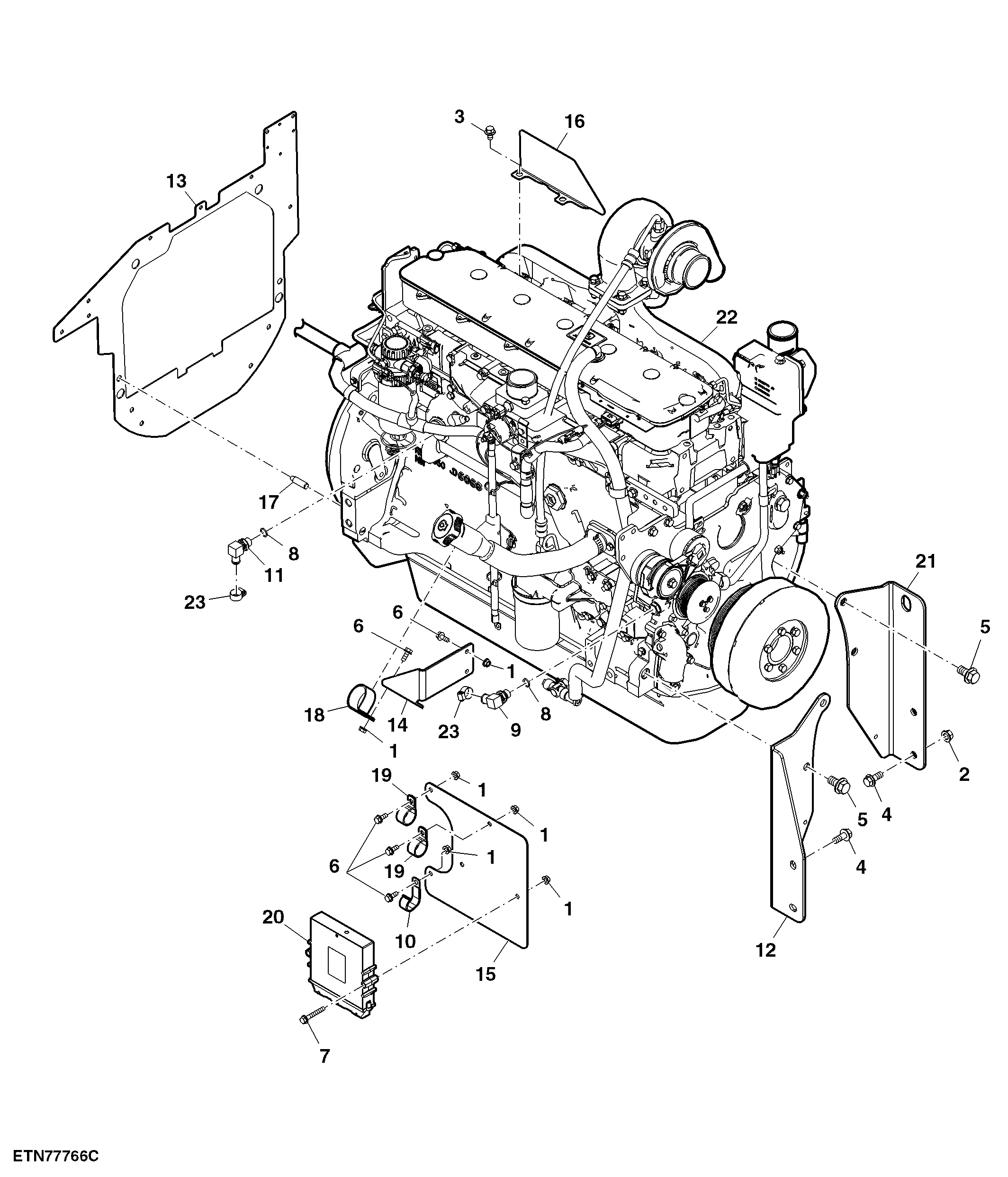 Engine Mounts, Engine Control Unit, Fittings and Flywheel Dust Plate (090004 - )