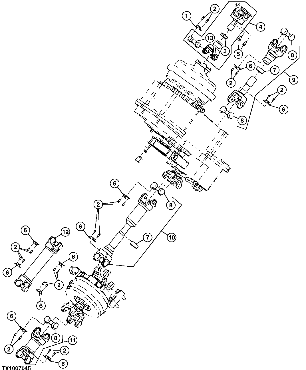 TRANSMISSION-TO-DIFFERENTIALS AND ENGINE DRIVE-SHAFTS (WITH AND WITHOUT DISCONNECT) (S.N. -611218)