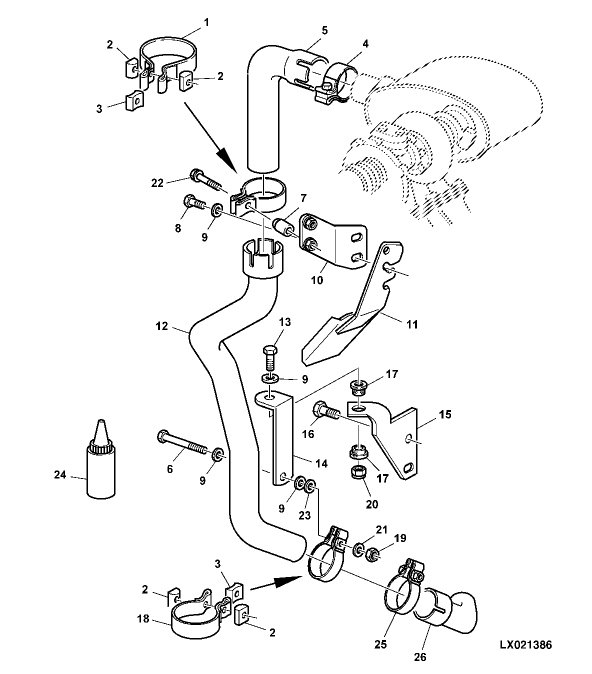 EXHAUST TO BOTTOM, ON RIGHT SIDE (WITH OR W/O FRONT LOADER)