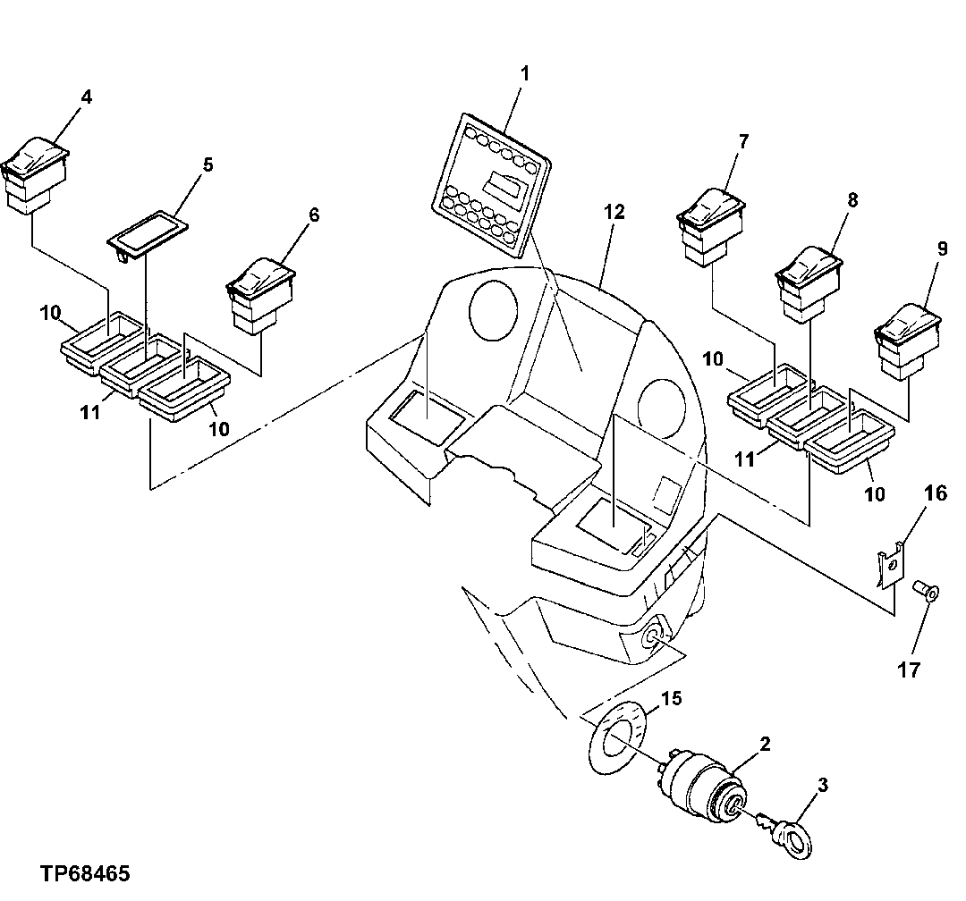 INSTRUMENT PANEL, IGNITION SWITCH, LIGHT SWITCHES AND PARK BRAKE SWITCH