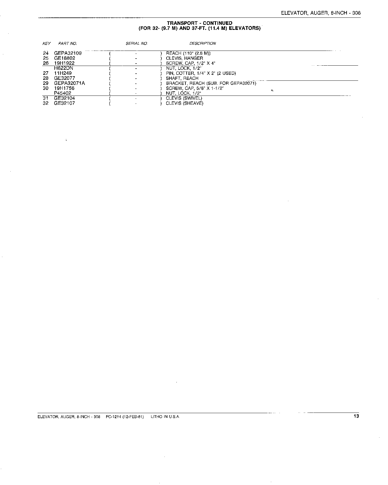 TRANSPORT (FOR 32 AND 37-FOOT ELEVATOR) (Continued)