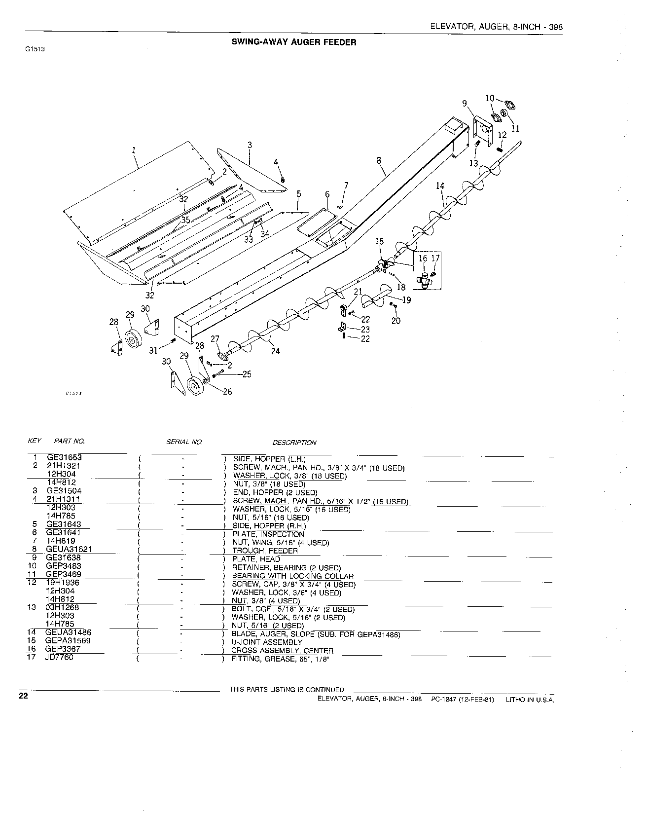 FEEDER, AUGER, SWING-AWAY