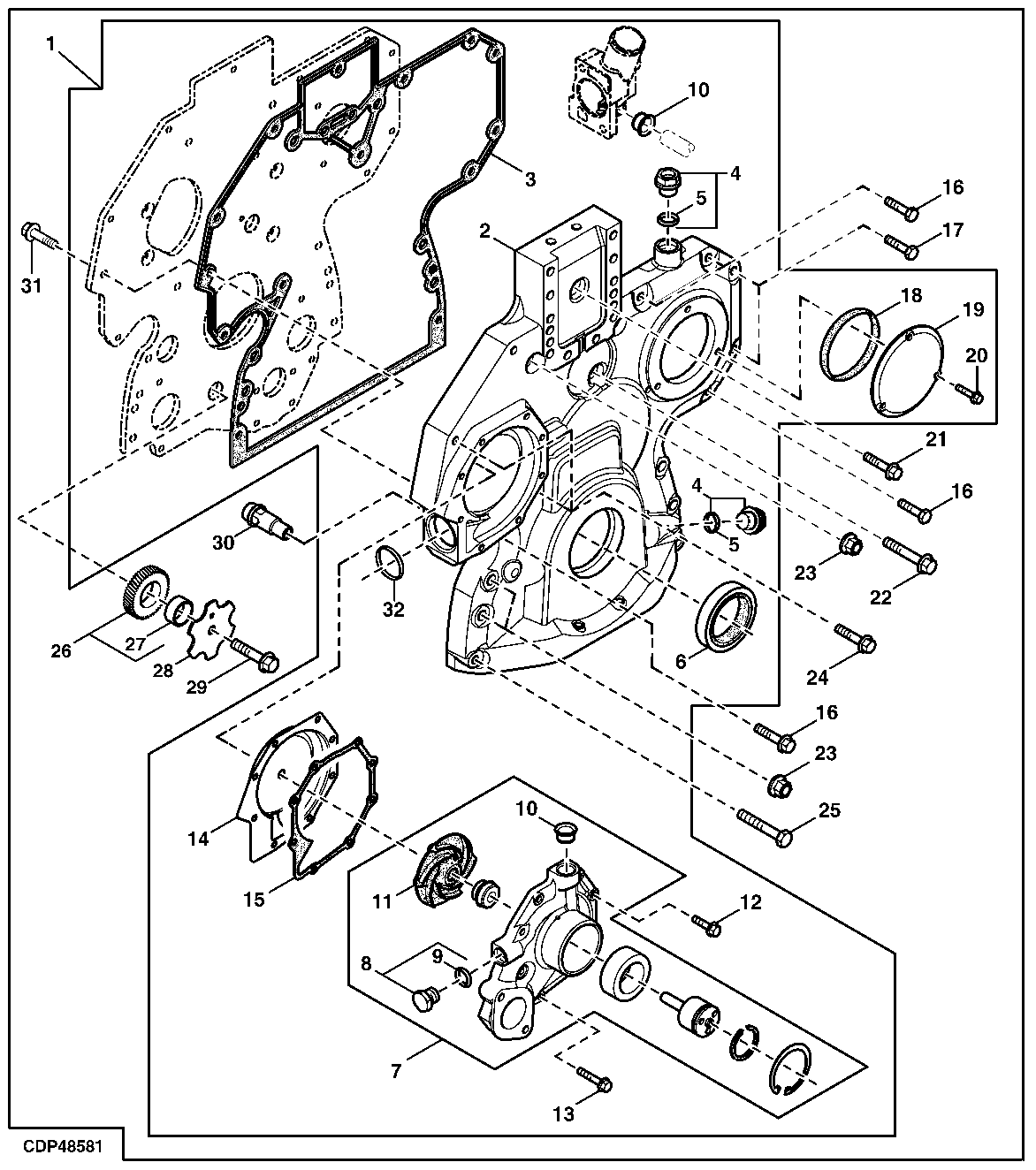 TIMING GEAR COVER, WATER PUMP (CAST IRON, WITH INSERT), LOWER IDLE GEAR