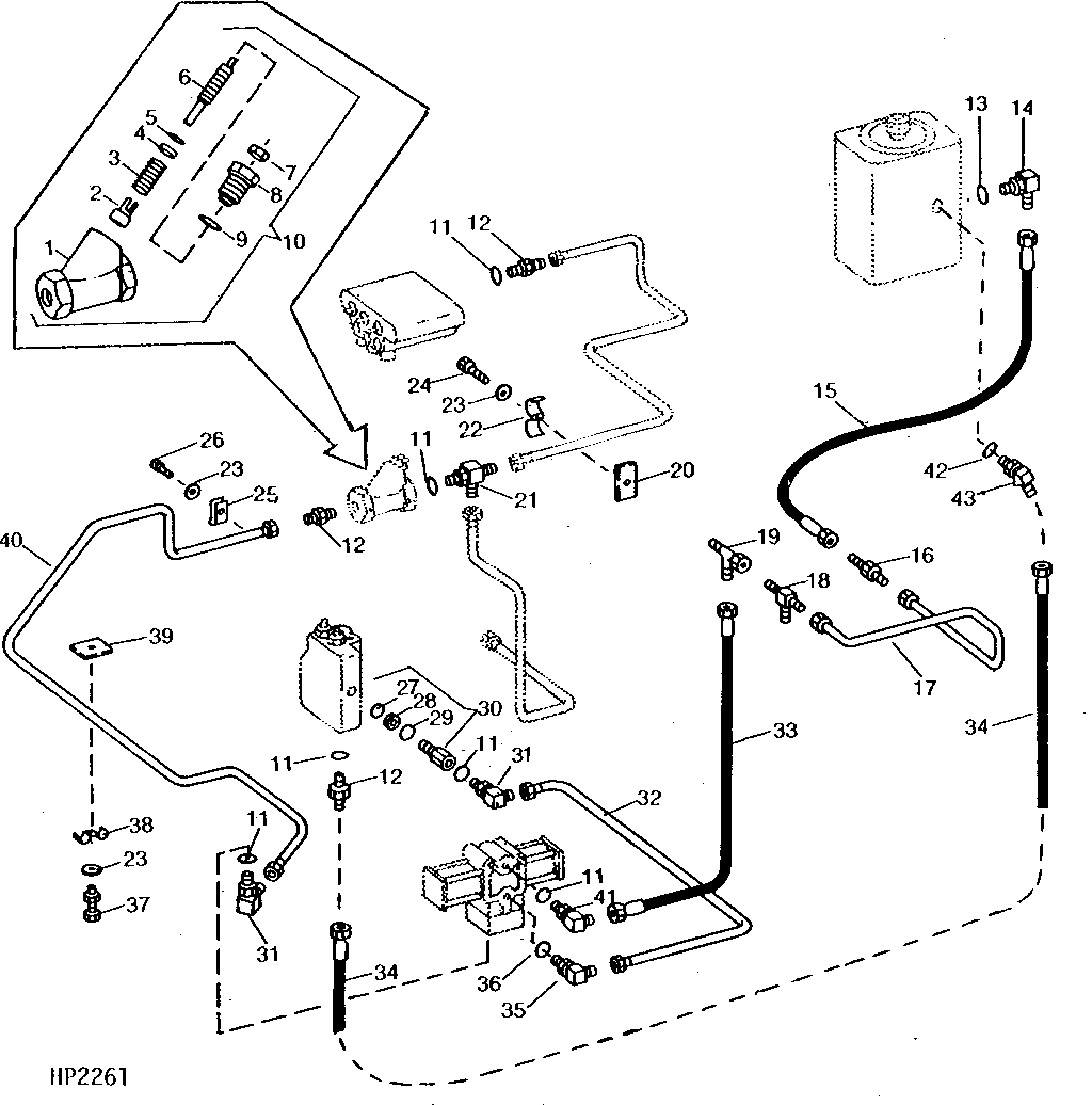 HYDRAULIC OIL LINE, DROP RATE VALVE, AND FULL FLOW PLUG (600001 - )