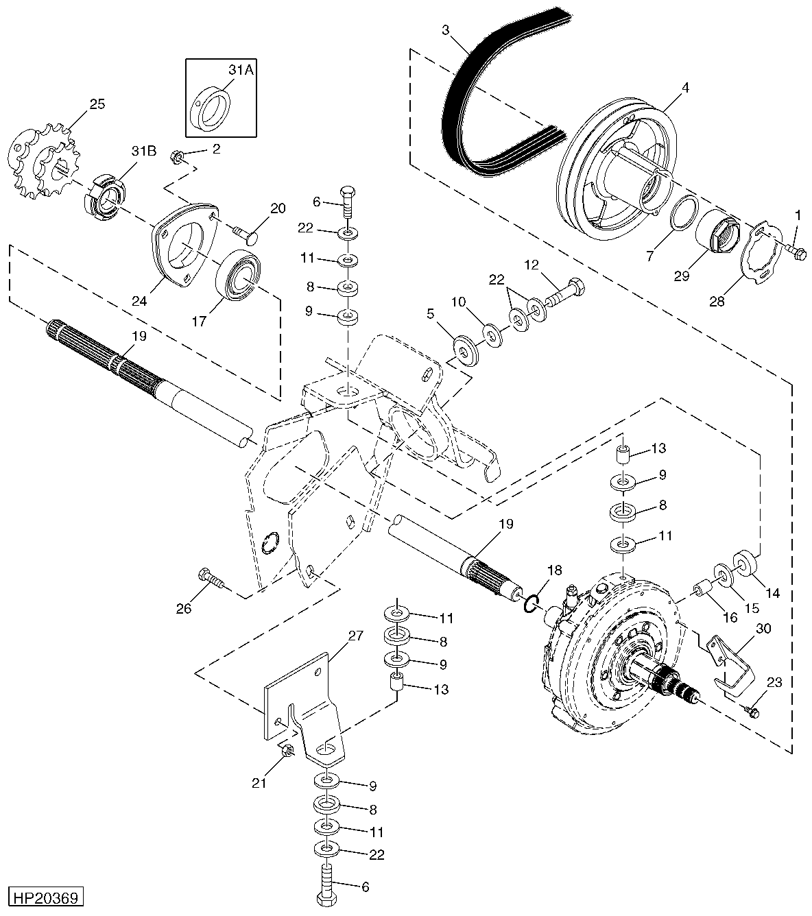 Feederhouse Front Drive Shaft, Sheave and Mountings, Variable Speed