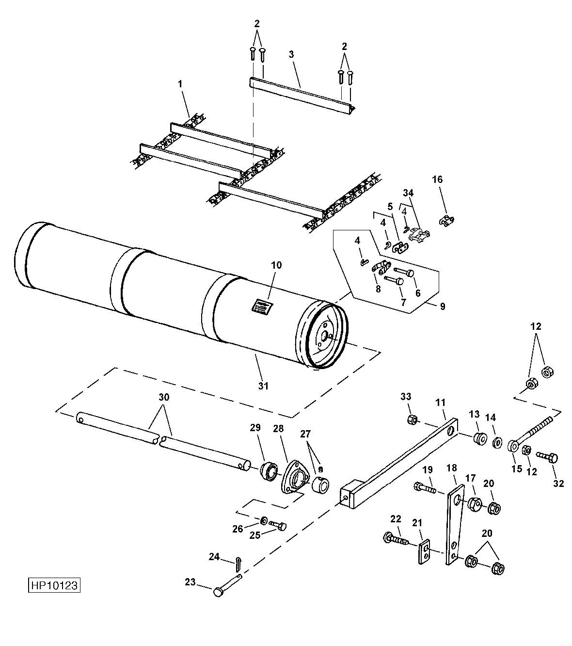 FEEDER CONVEYOR IDLER SHAFT, DRUM AND CHAIN