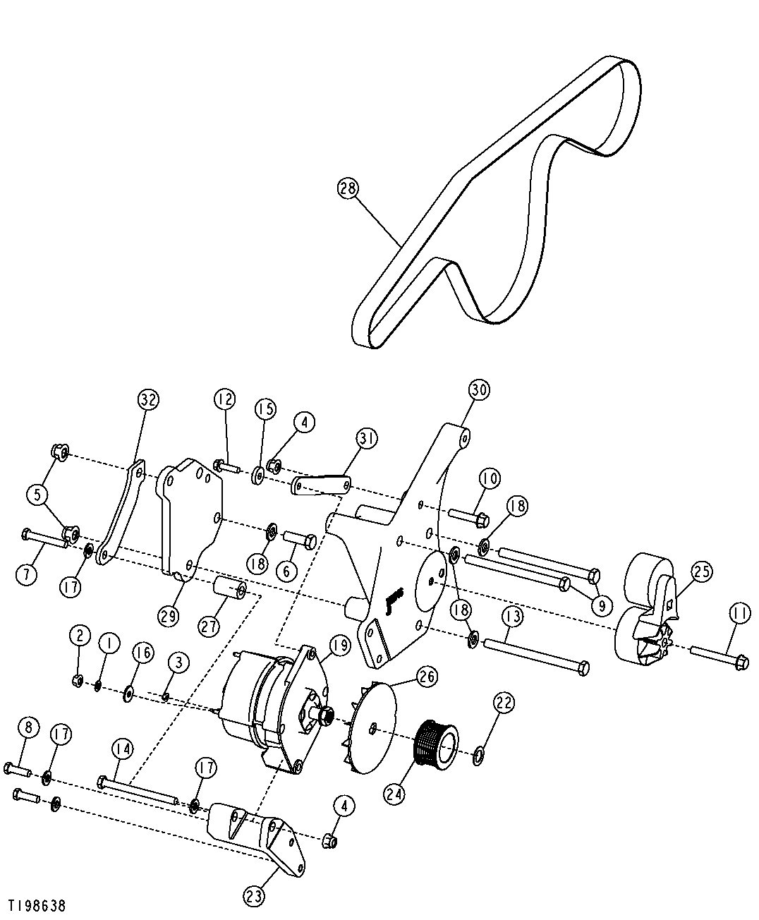 ALTERNATOR, MOUNTING BRACKETS, BELT AND BELT TENSIONER (55 A)