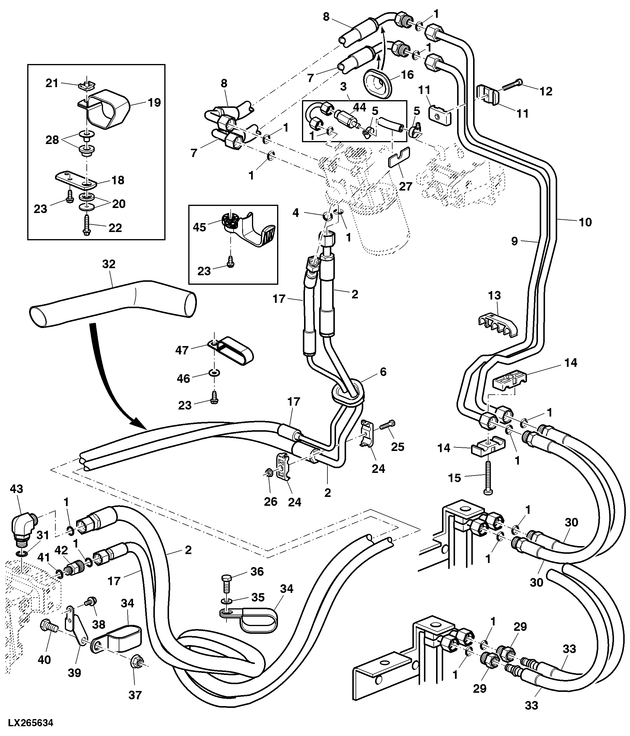 HYDROSTATIC STEERING OIL LINES, CAB, HYDRAULIC PUMP 28 CM3