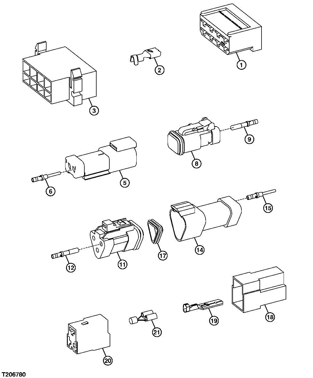 CAB HEATER, AIR CONDITIONER, NEUTRAL STARTING SWITCH, AND BUCKET POSITIONER ELECTRICAL CONNECTORS