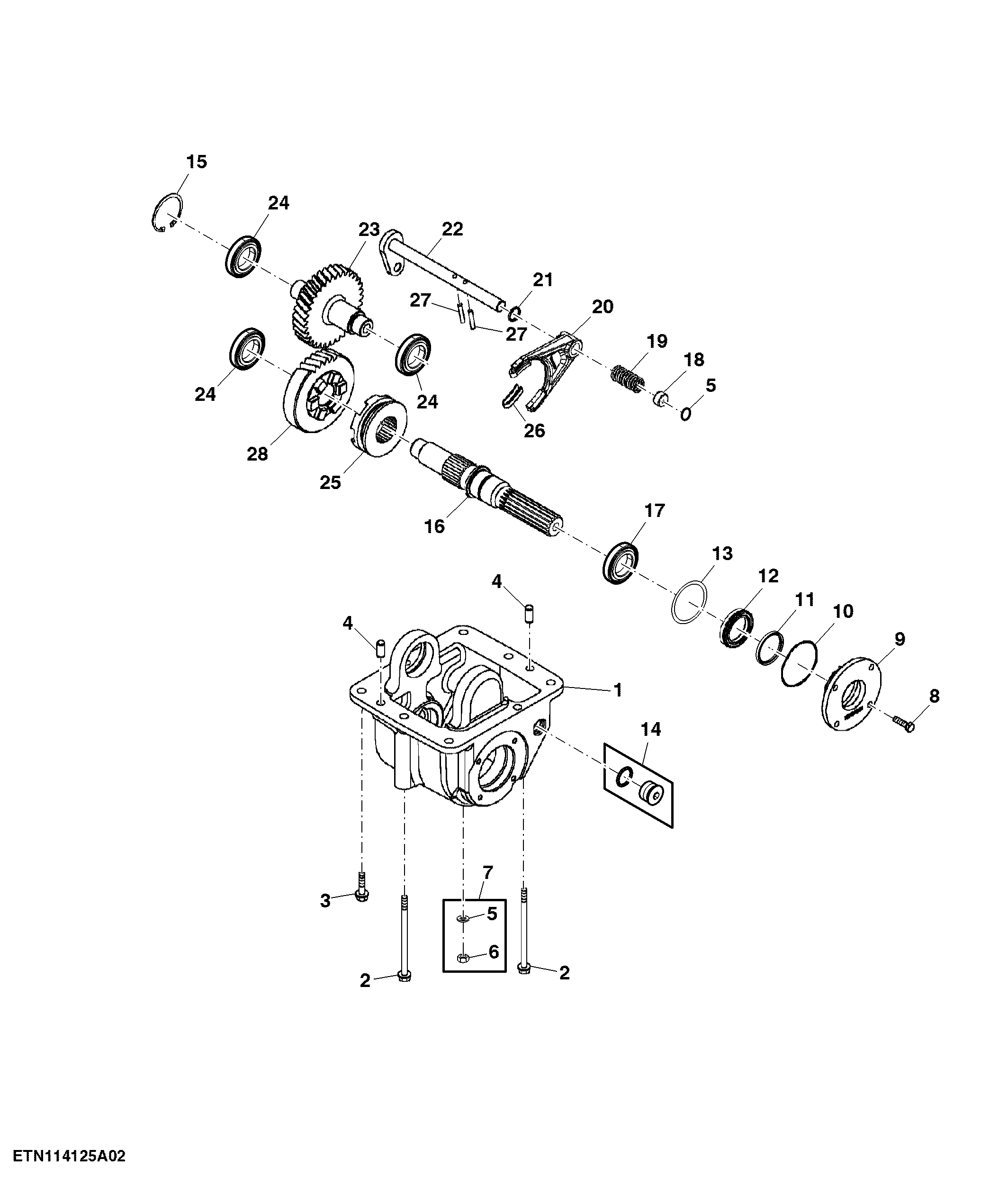 Transaxle Housing Shafts and Gears, MFWD, Low Capacity