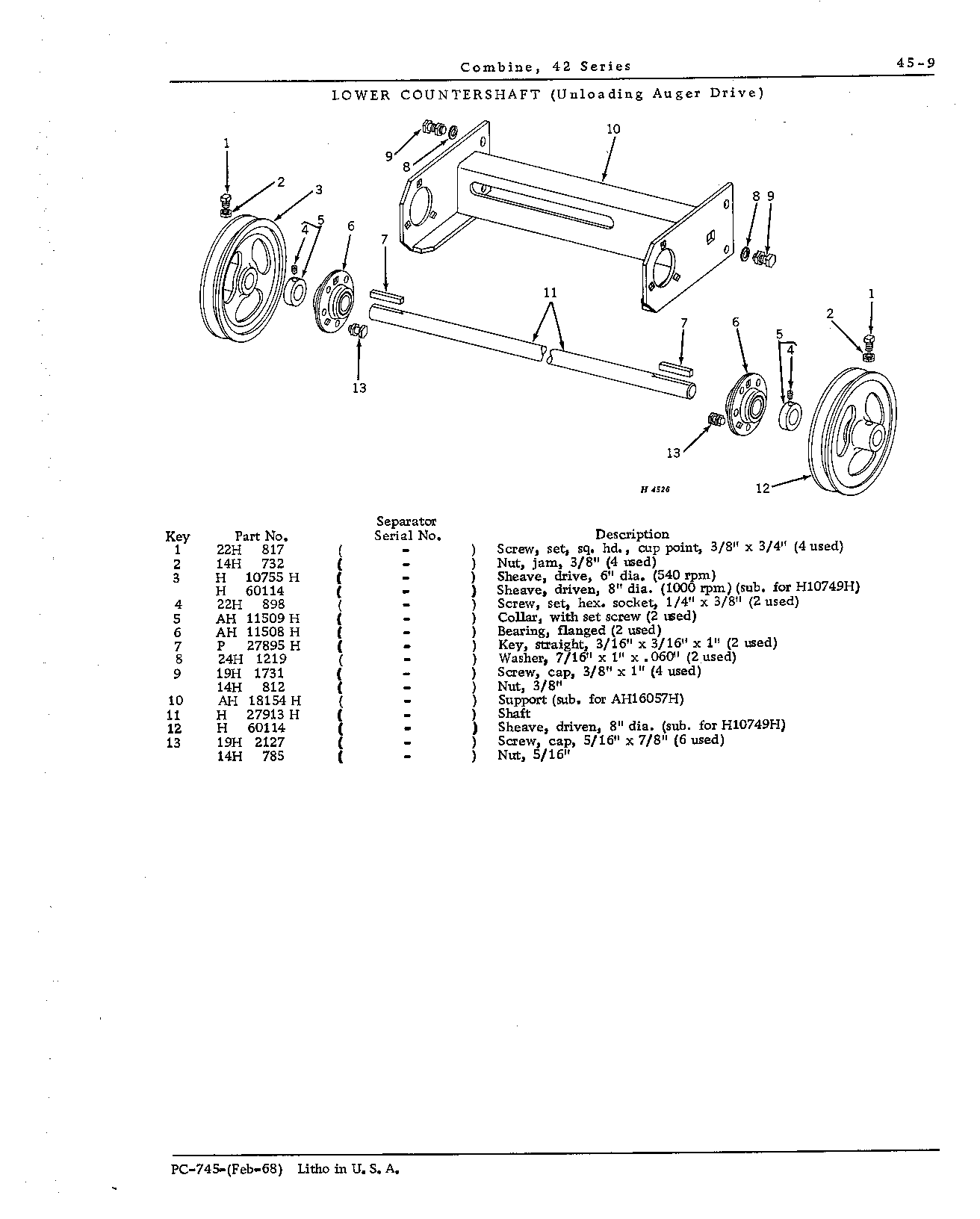 Grain tank unloading auger drive countershaft, lower