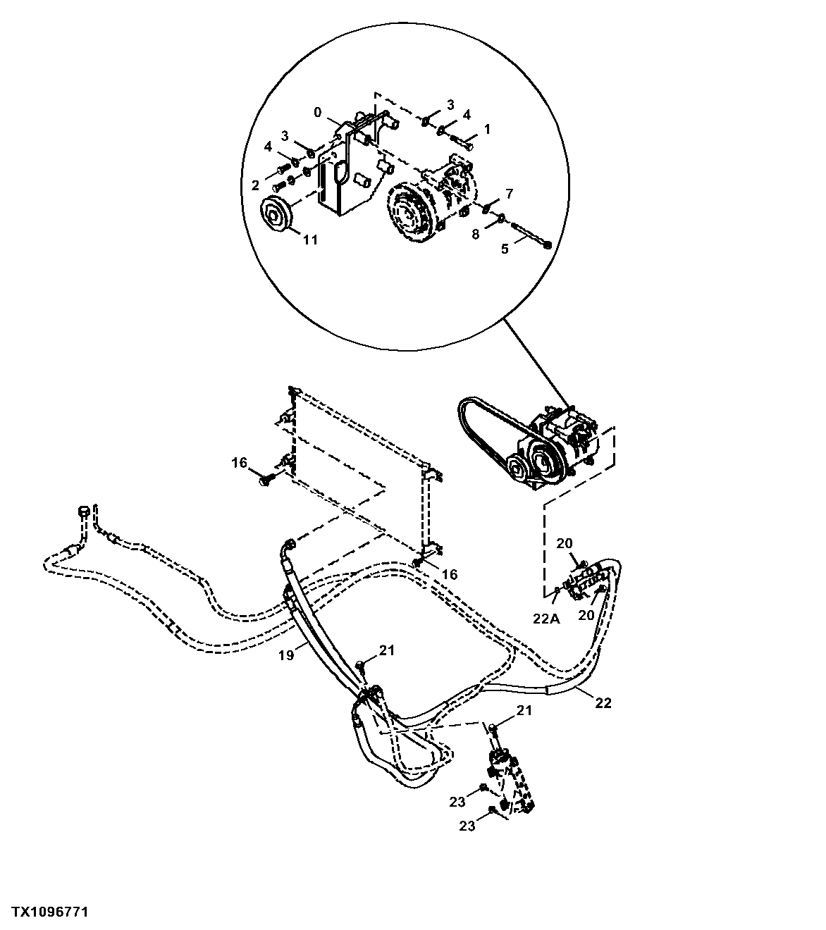 A/C COMPRESSOR BRACKET, DRIVE BELT, AND REFRIGERANT HOSES