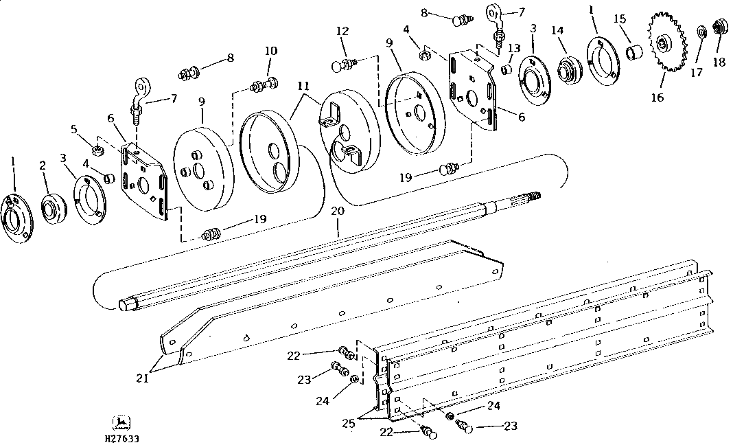 LOWER SHAFT, PADDLES, AND SPROCKET FOR PADDLE FEEDER HOUSE - SIDEHILL (PADDLE TYPE)