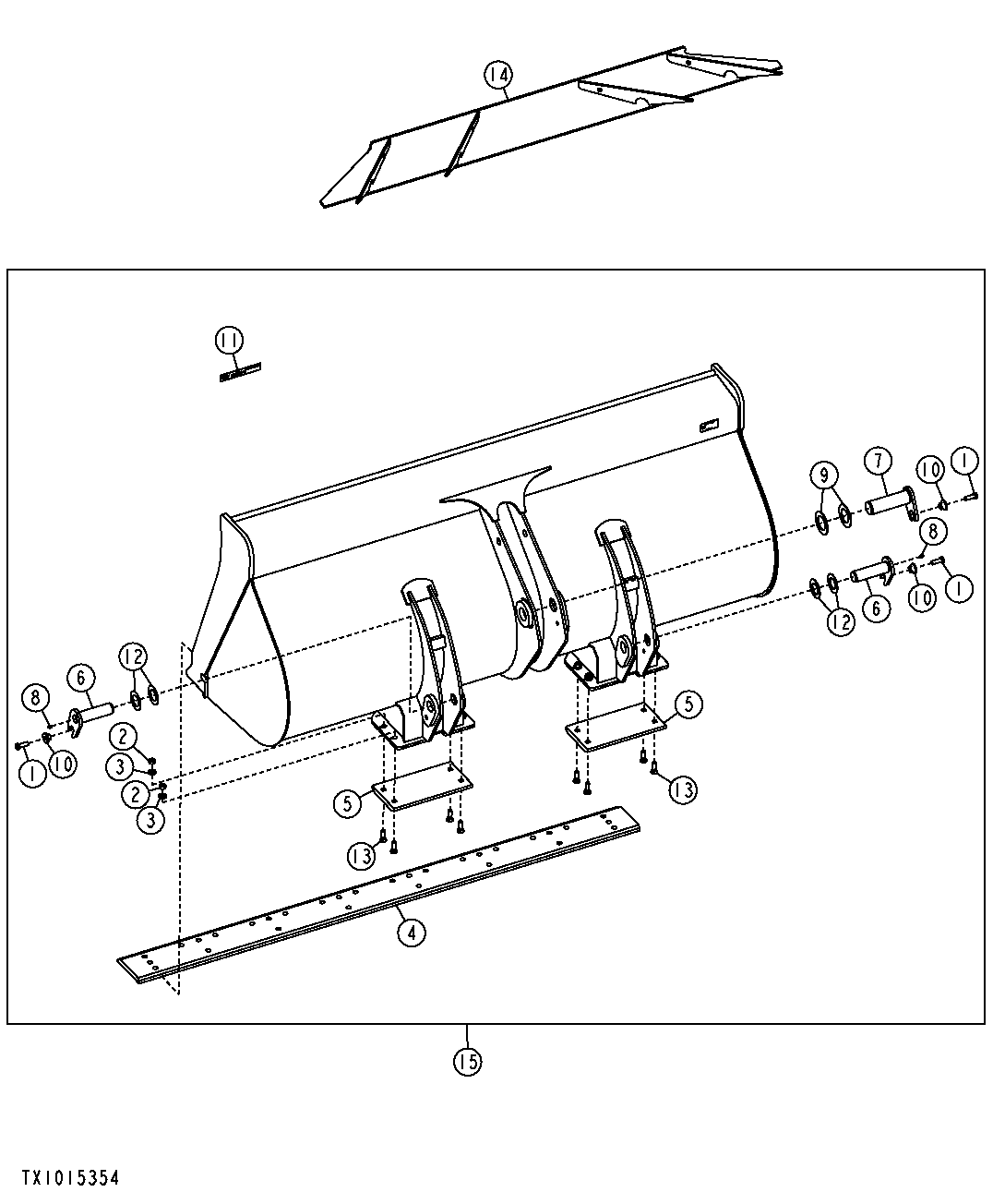 Loader Bucket, Cutting Edge, Spillguard, and Bucket Pins