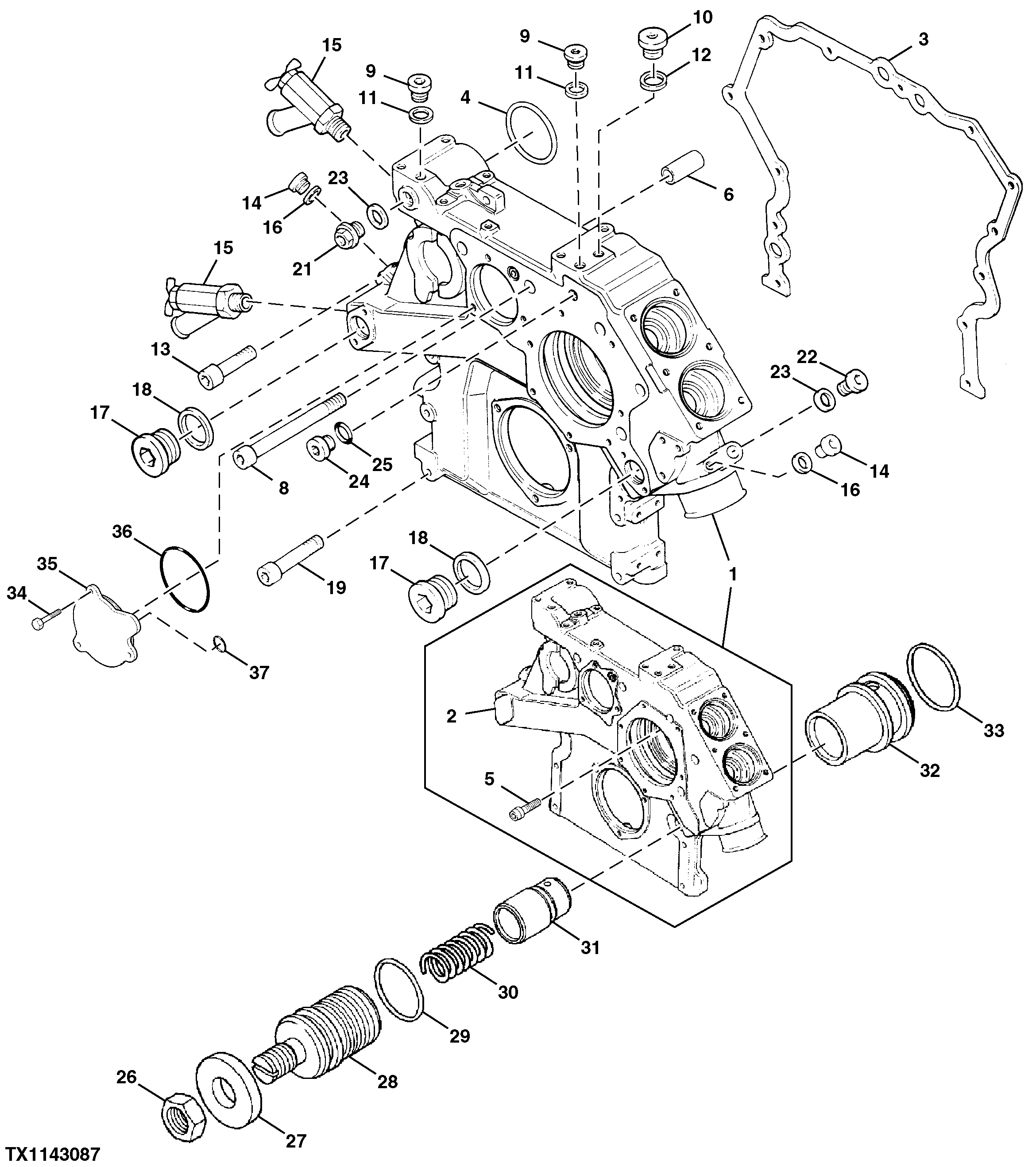 ENGINE FRONT COVER, FRONT COVER GASKET AND ENGINE OIL PRESSURE REGULATING VALVE