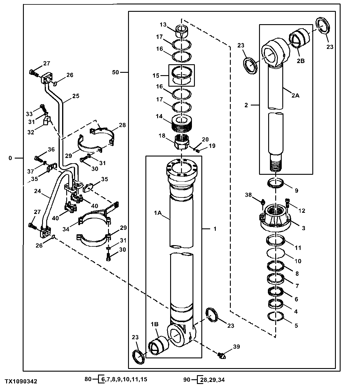 Left Boom Cylinder, 7.1 and 8.4 m, Components