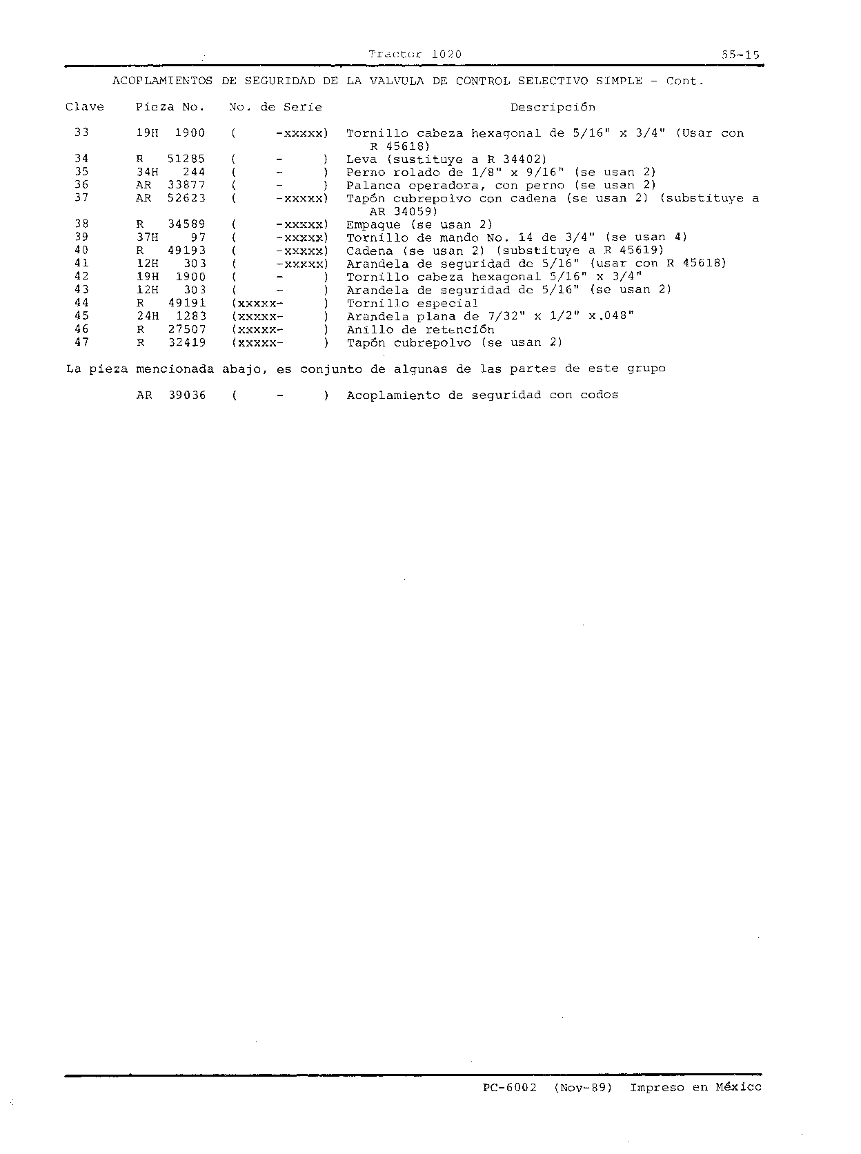 Valvula de Control Selectivo Acoplamientos de Seguridad (Continued)