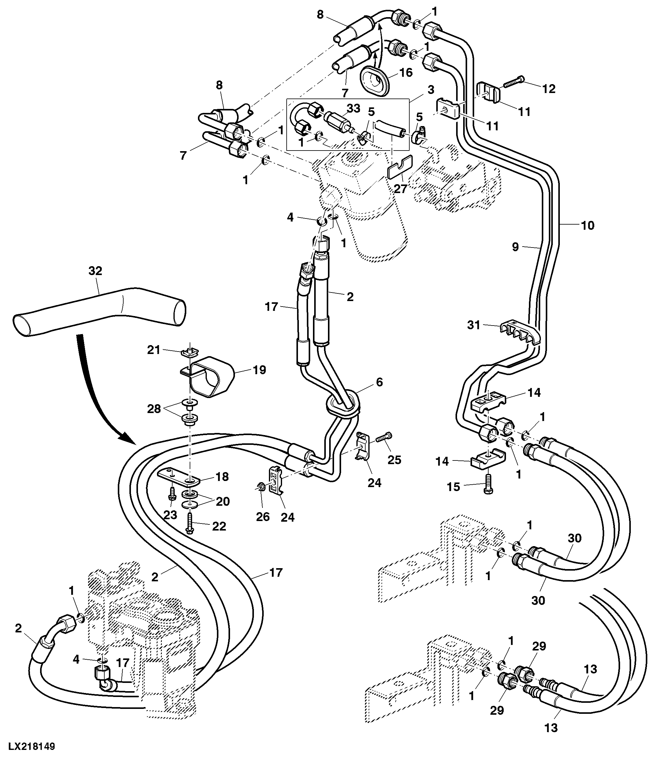 HYDROSTATIC STEERING OIL LINES, CAB, HYDRAULIC PUMP 45CM3
