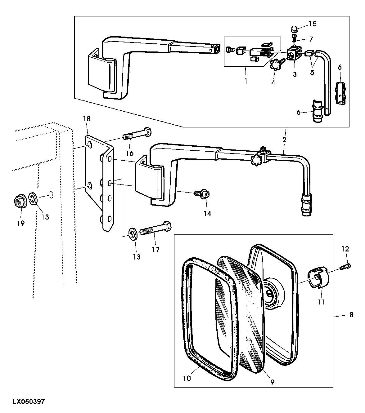 OUTSIDE MIRROR, TELESCOPIC (OPEN OPERATOR'S STATION)