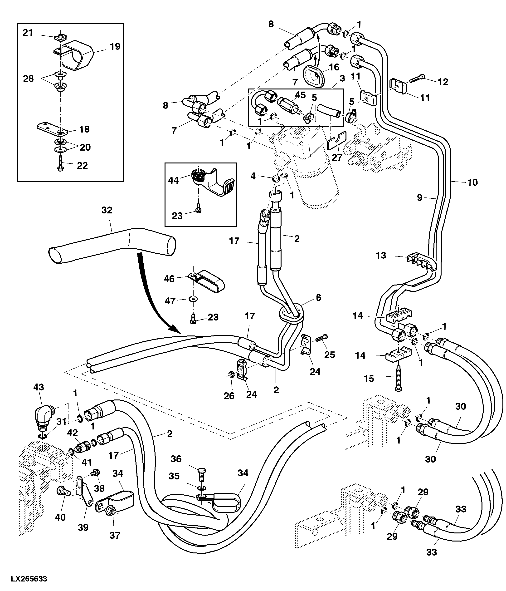 HYDROSTATIC STEERING OIL LINES, CAB, HYDRAULIC PUMP 28 CM3