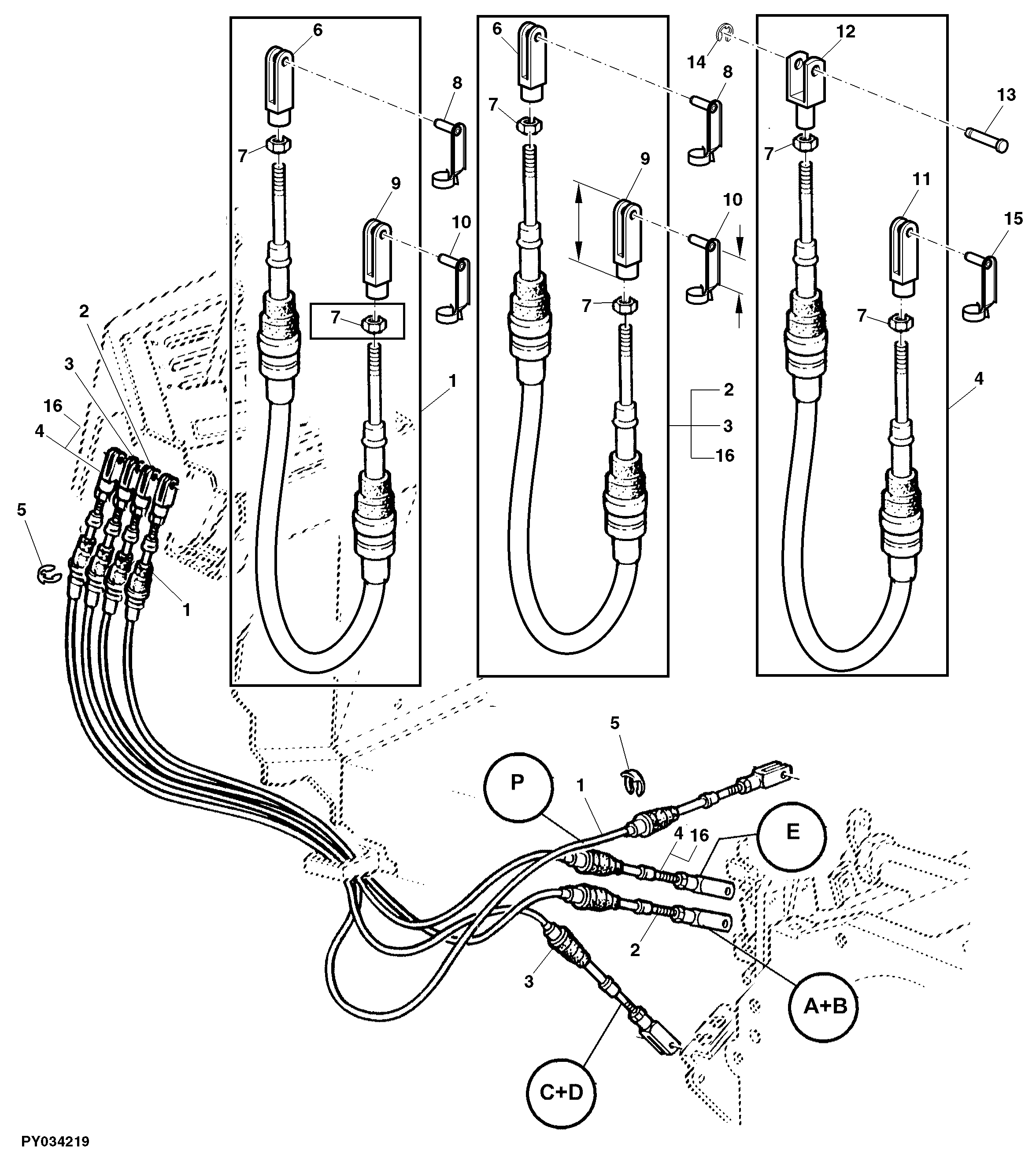 BOWDEN CABLES FOR RANGE SHIFT AND PARKING LOCK (POWRQUAD WITH REVERSER CONTROL AT STEERING COL.)