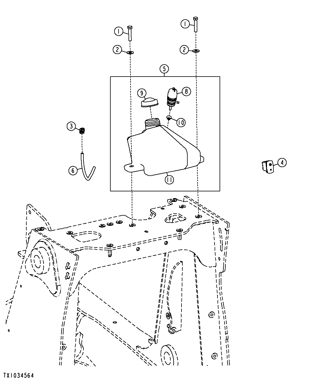 Front Windshield Washer Reservoir and Pump (Engine 4045HT054, 4045HL287, 4045HL288)