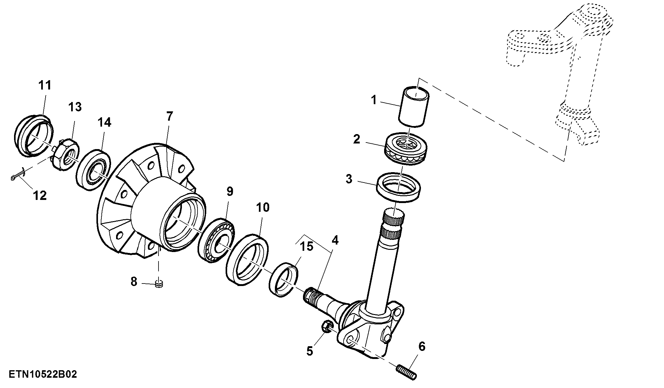 Front Axle Spindle and Wheel Hub, 2WD, Non Adjustable