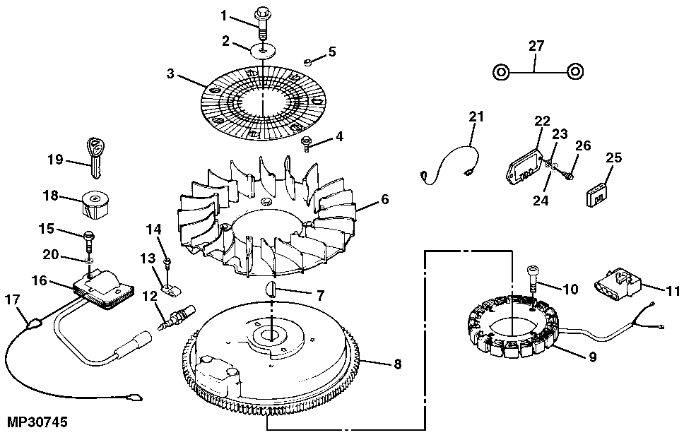 FLYWHEEL, IGNITION COIL AND STATOR (ENGINE MARKED CV460S-26516)