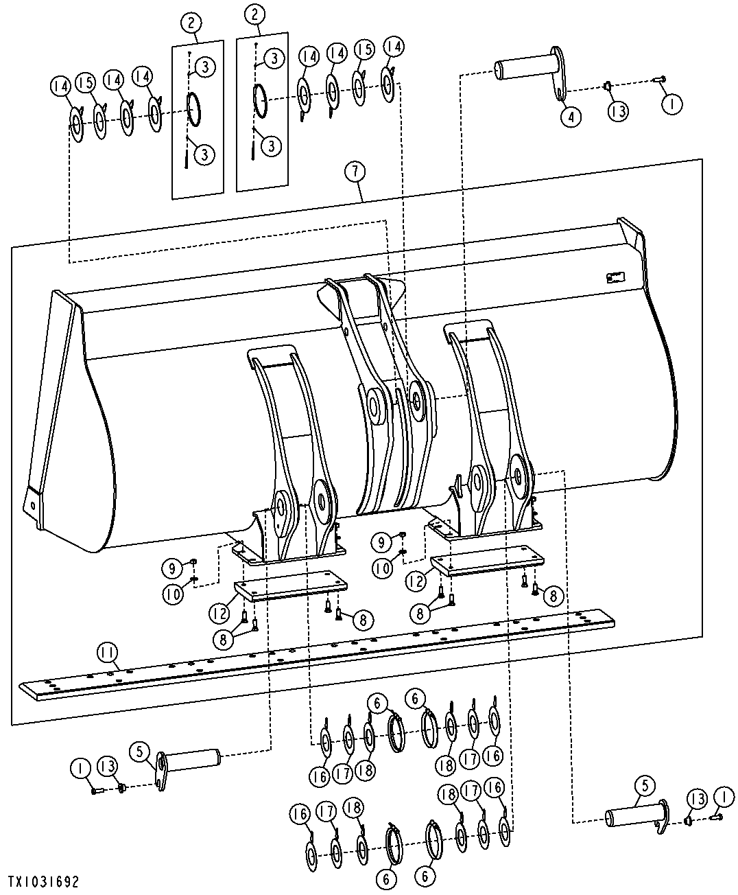 LOADER BUCKETS, BUCKET PINS AND CUTTING EDGE (NEVERGREASE) (S.N. 618146-)