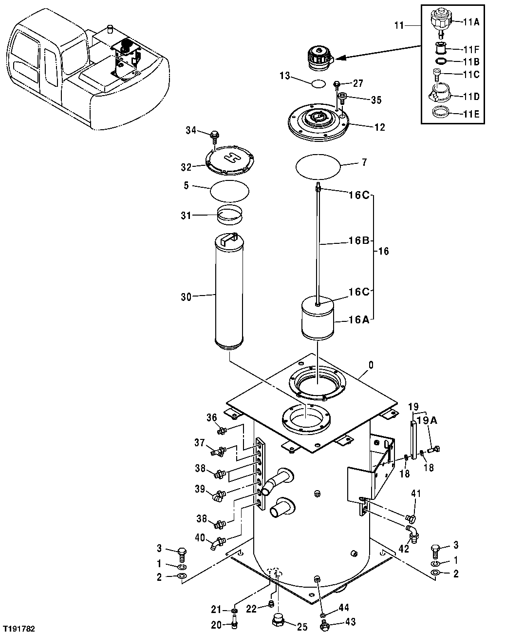 HYDRAULIC RESERVOIR, FILTER ELEMENTS, AND LEVEL GAUGE
