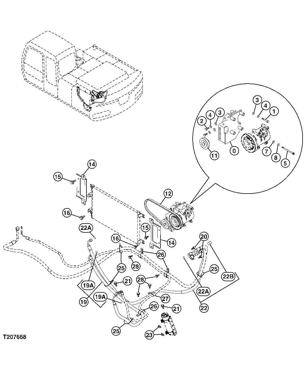 A/C COMPRESSOR BRACKET, DRIVE BELT, AND REFRIDGERANT HOSES