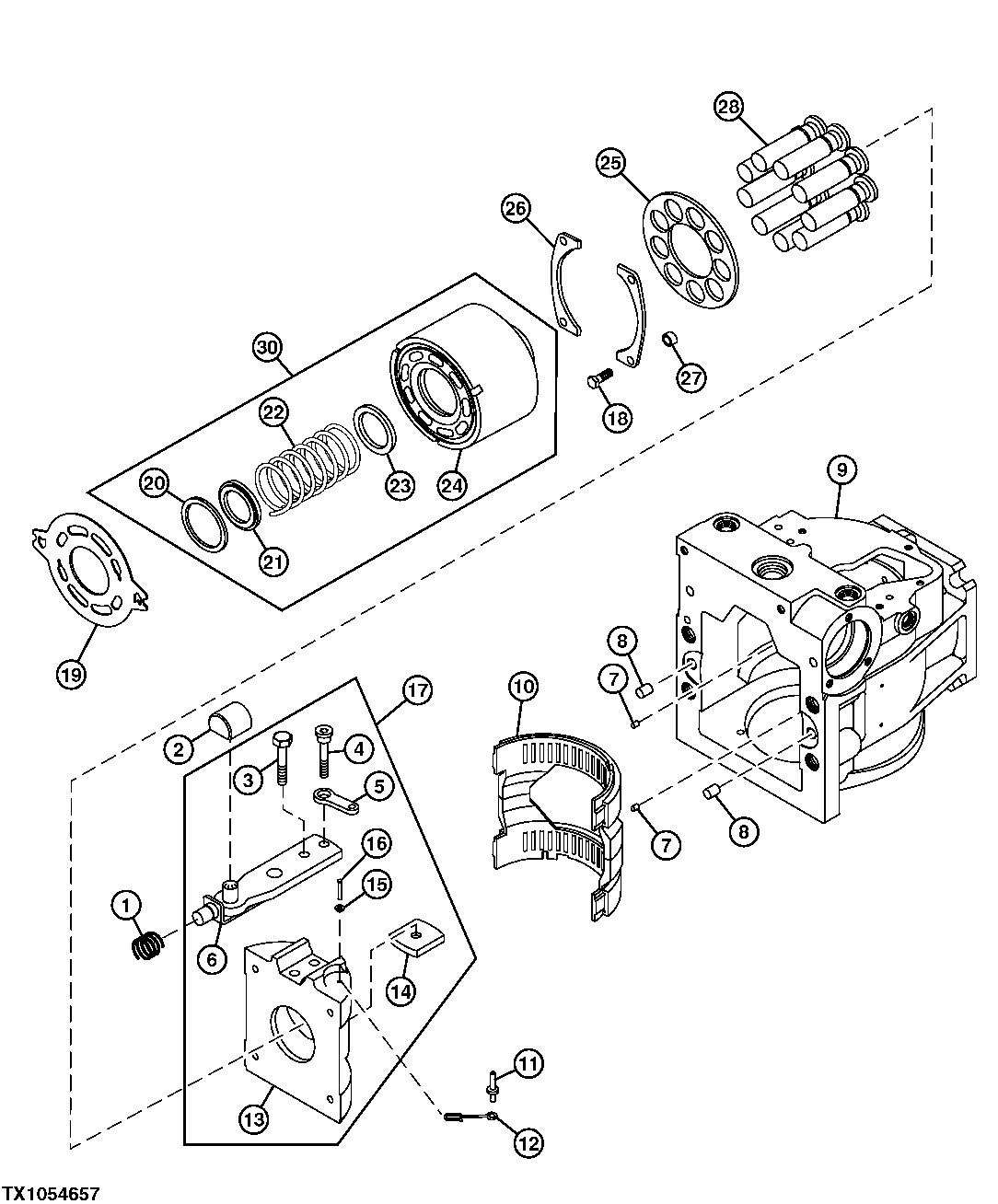 Hydrostatic Pump Housing, Swashplate, Piston and Cylinder Block Assy
