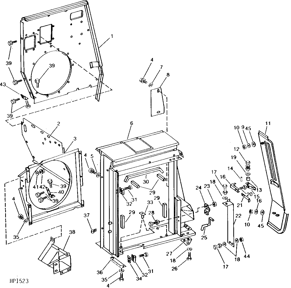 CORNER FRAME, FAN SHROUD, ENGINE COMPARTMENT REAR SHEET, AND FIREWALL