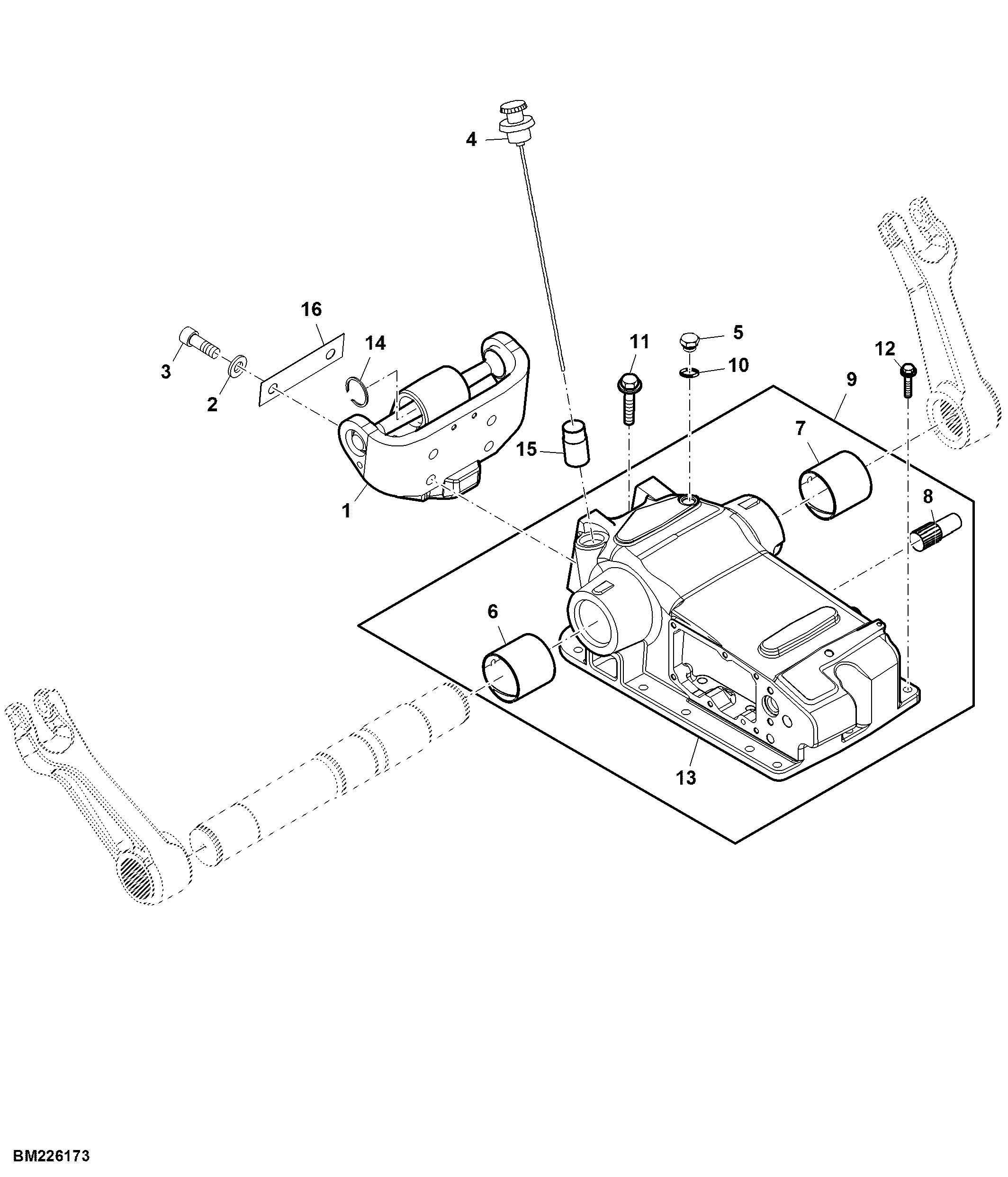 Rockshaft Housing, Dipstick and Center Link Bracket