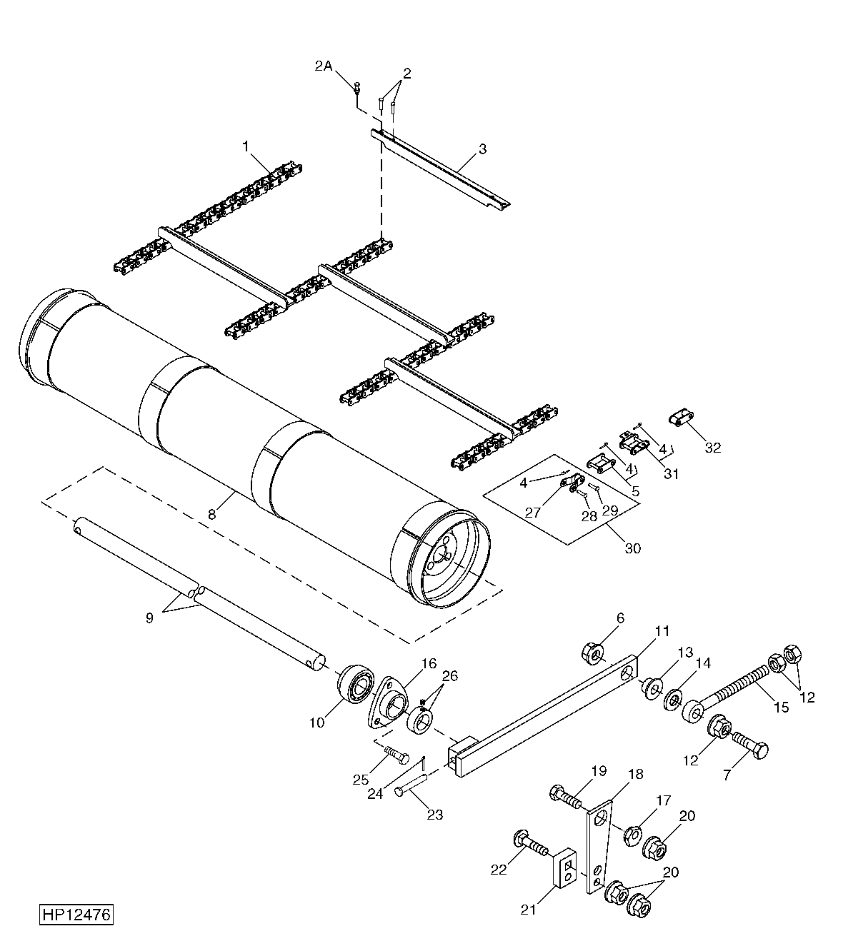 FEEDER CONVEYOR IDLER SHAFT, DRUM AND CHAIN
