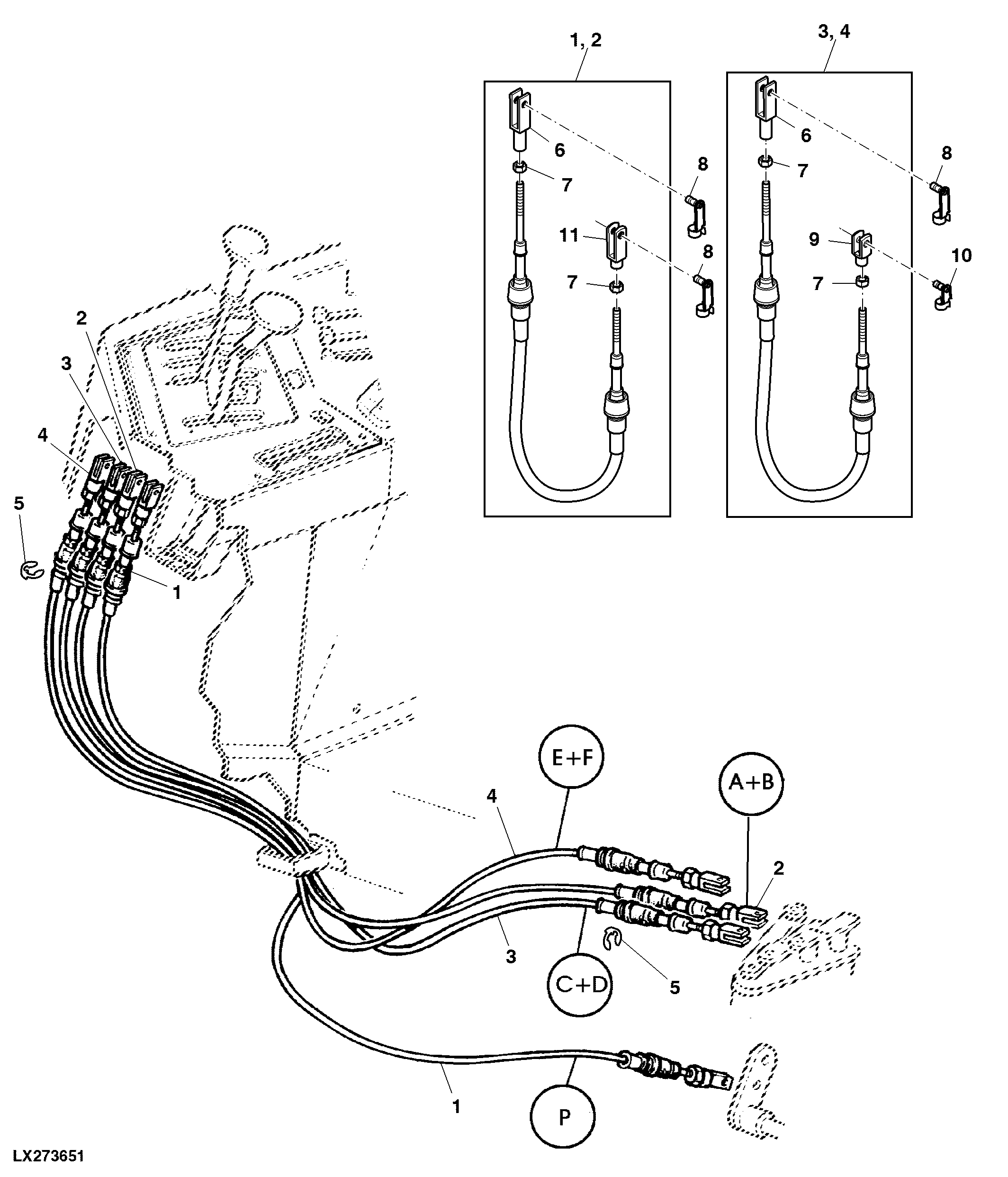 BOWDEN CABLES FOR RANGE SHIFT AND PARKING LOCK (POWRQUAD WITH REVERSER CONTROL AT STEERING COL.)