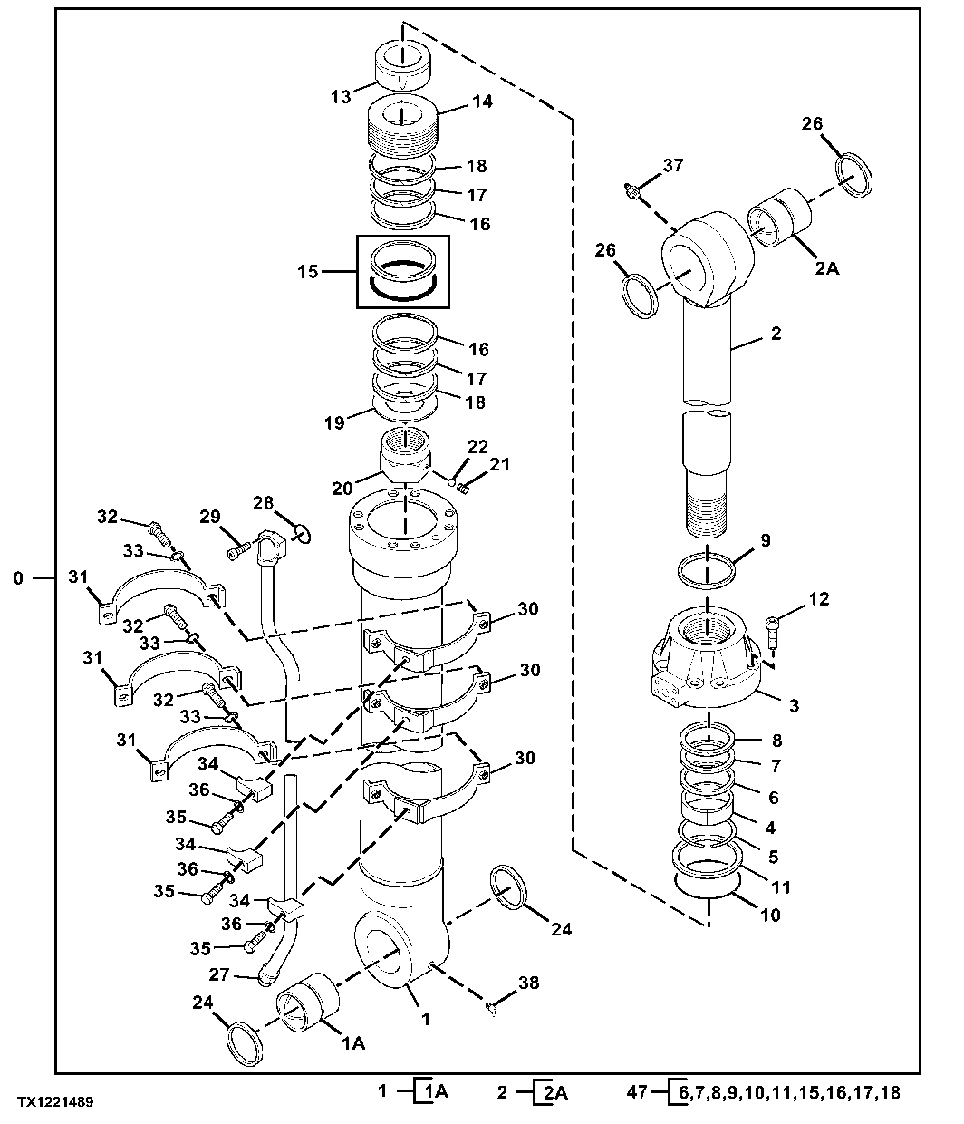 Bucket Cylinder Components, Long Arm, 4.9 m (16 ft)
