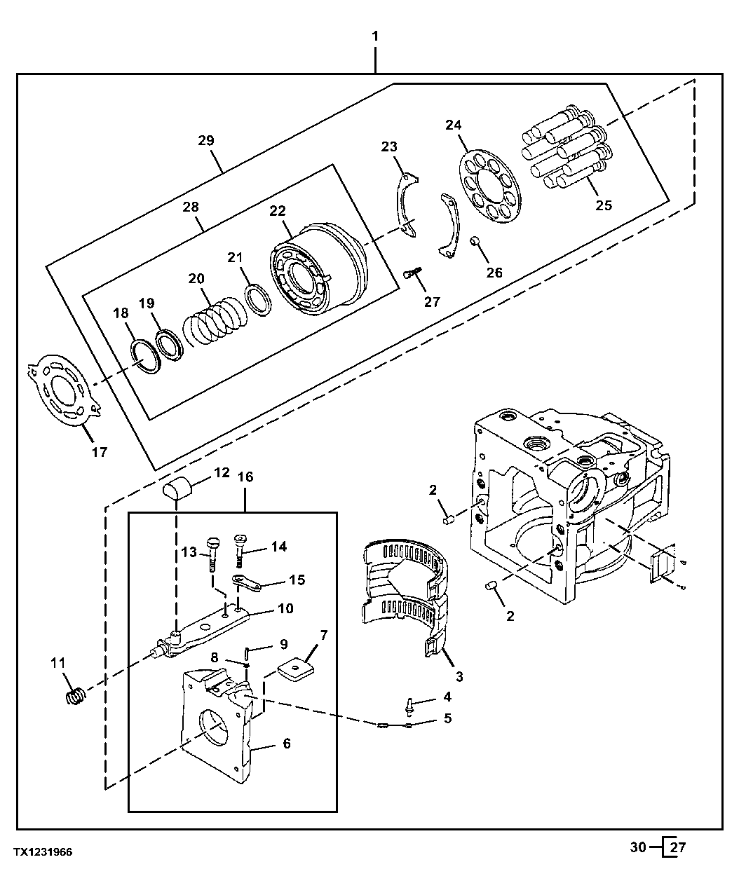 Hydrostatic Pump Components, Housing, Swash Plate, Piston and Cylinder Block Assembly