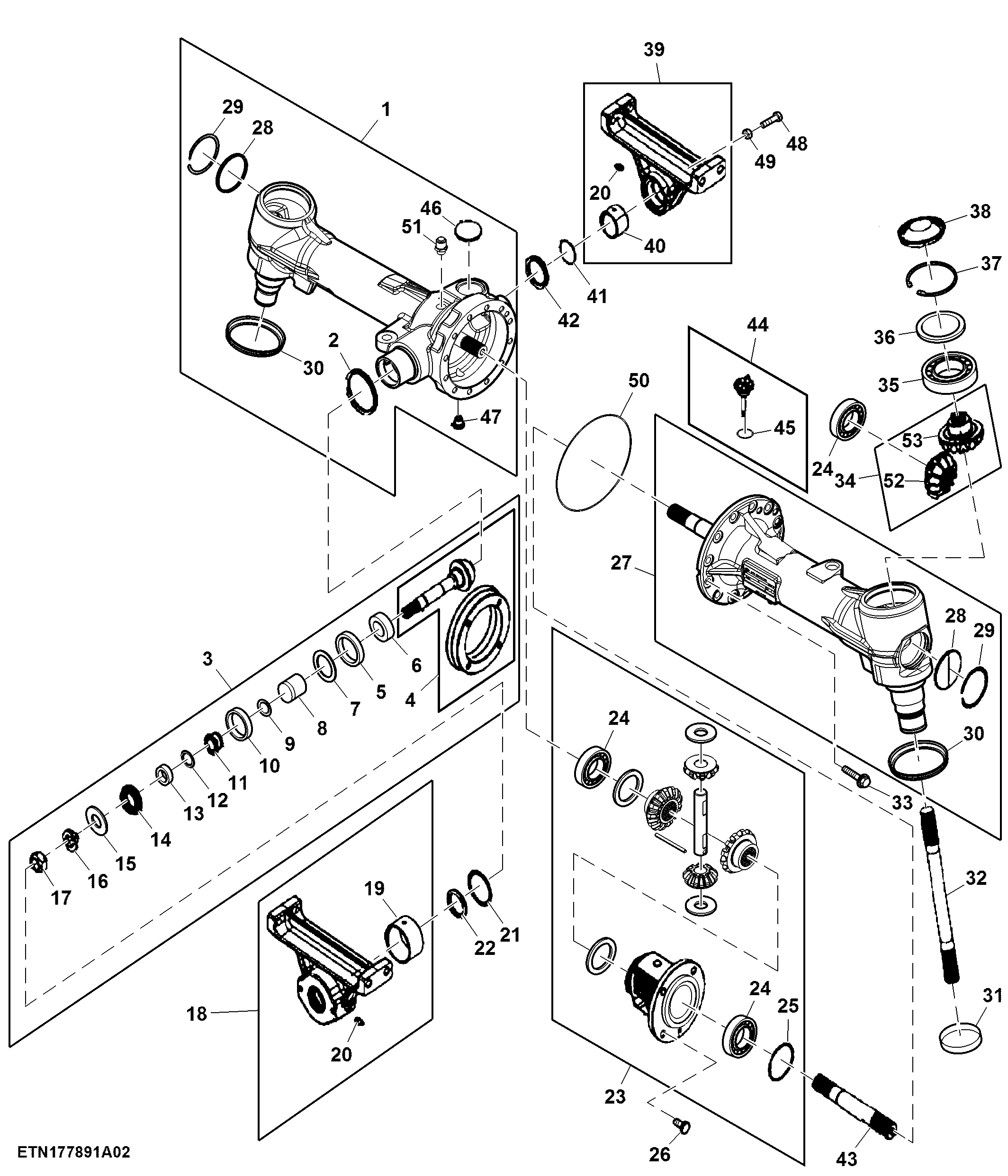 Front Axle Trumpet and Differential, MFWD, Light Duty