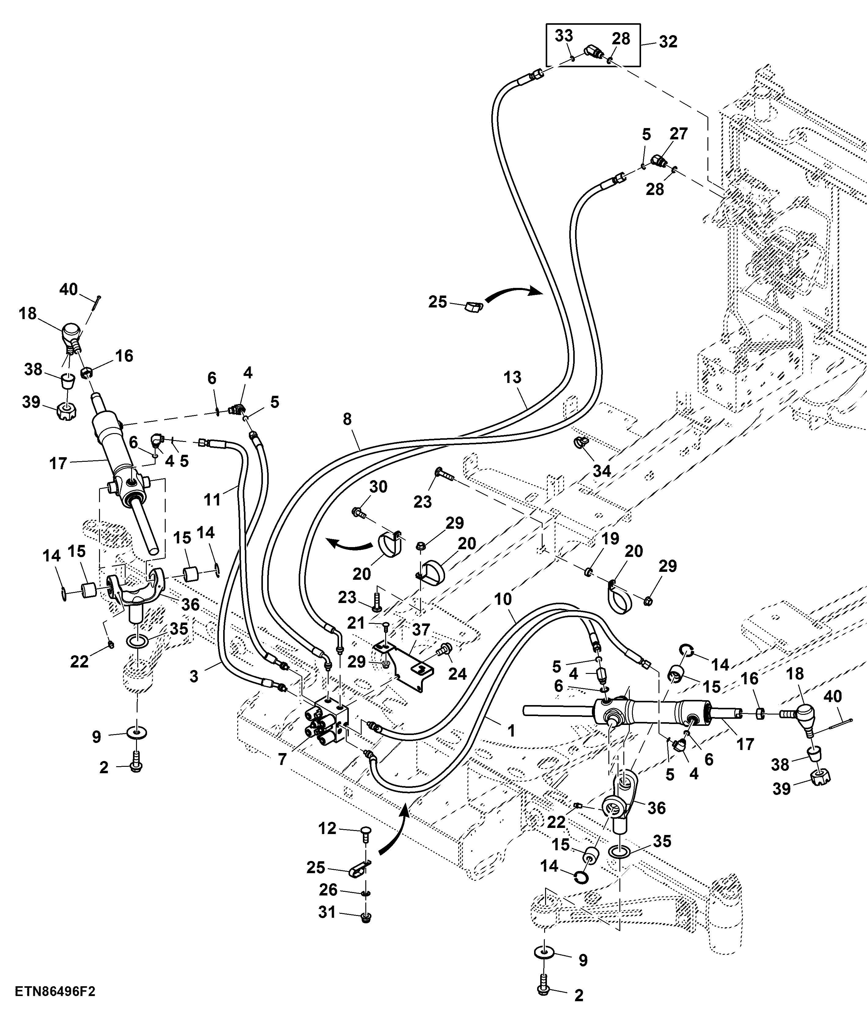Hydraulic Cylinder and Hoses, Rear Steering ( - 420000)