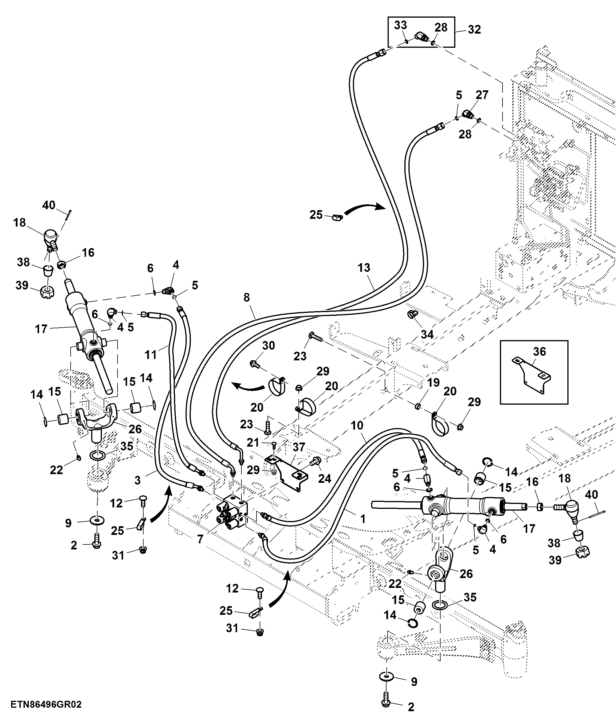 Hydraulic Cylinder and Hoses, Rear Steering ( - 420000)