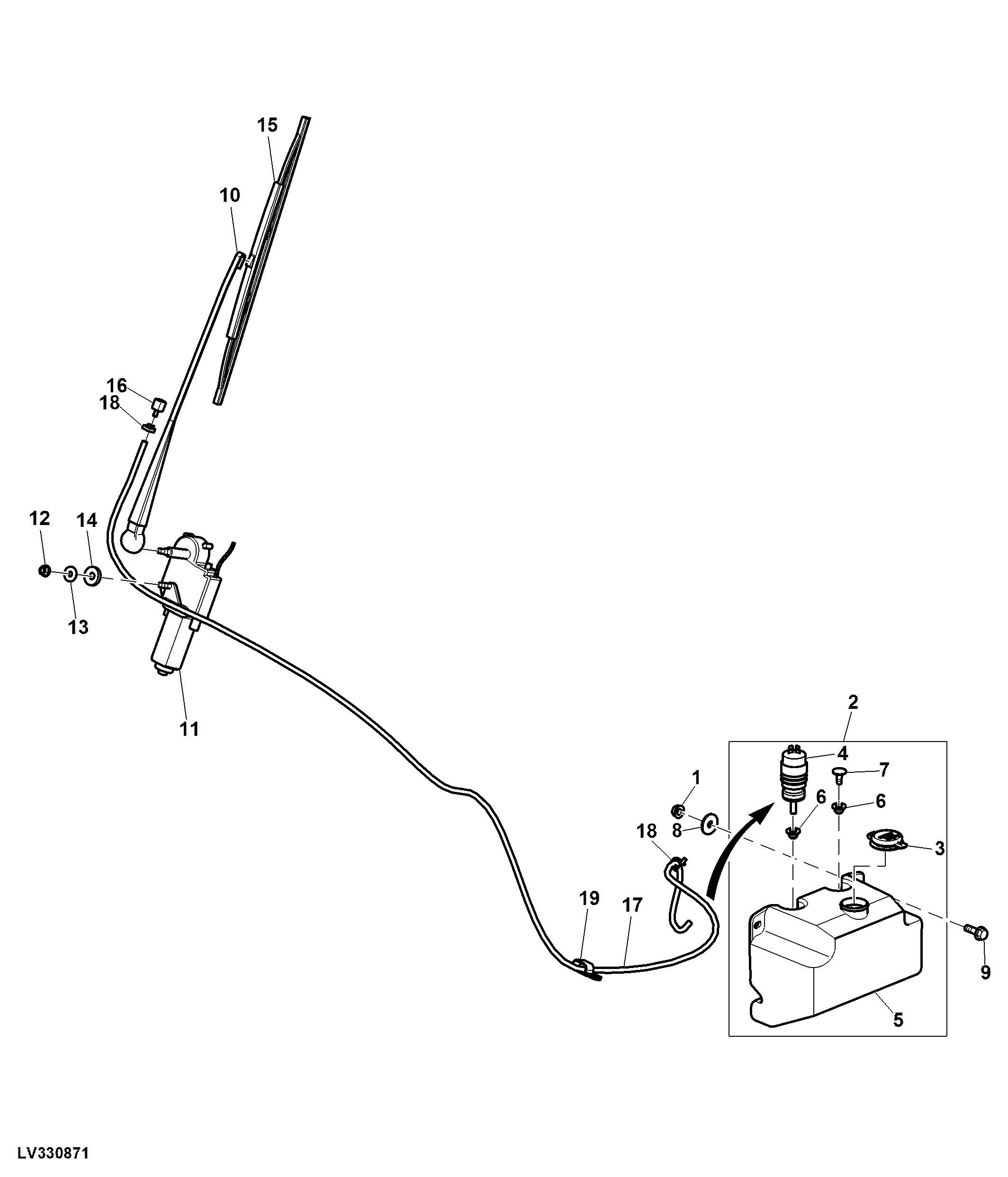 FRONT WINDSHIELD, WASHER SYSTEM WITH RESERVOIR