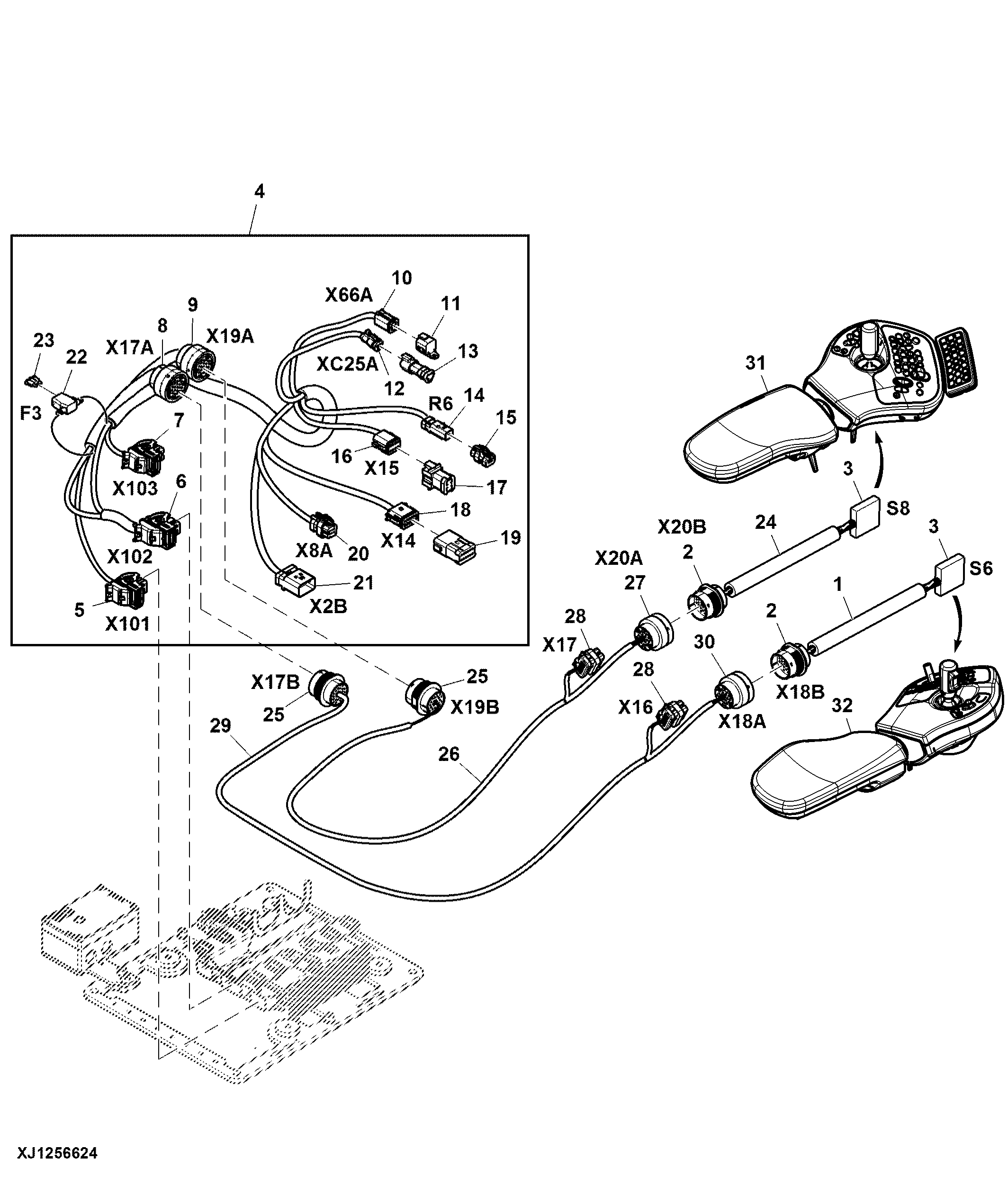 Cab Unit Wiring Harness, Wheeled Harvester — Three-Position Switch
