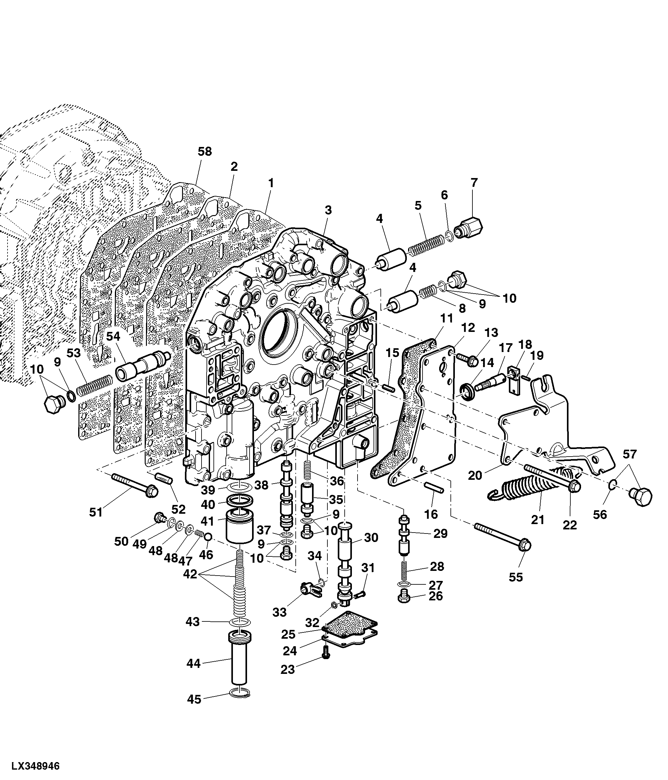 FRONT COVER AND VALVES (WITH MECHANICAL REVERSER CONTROL)
