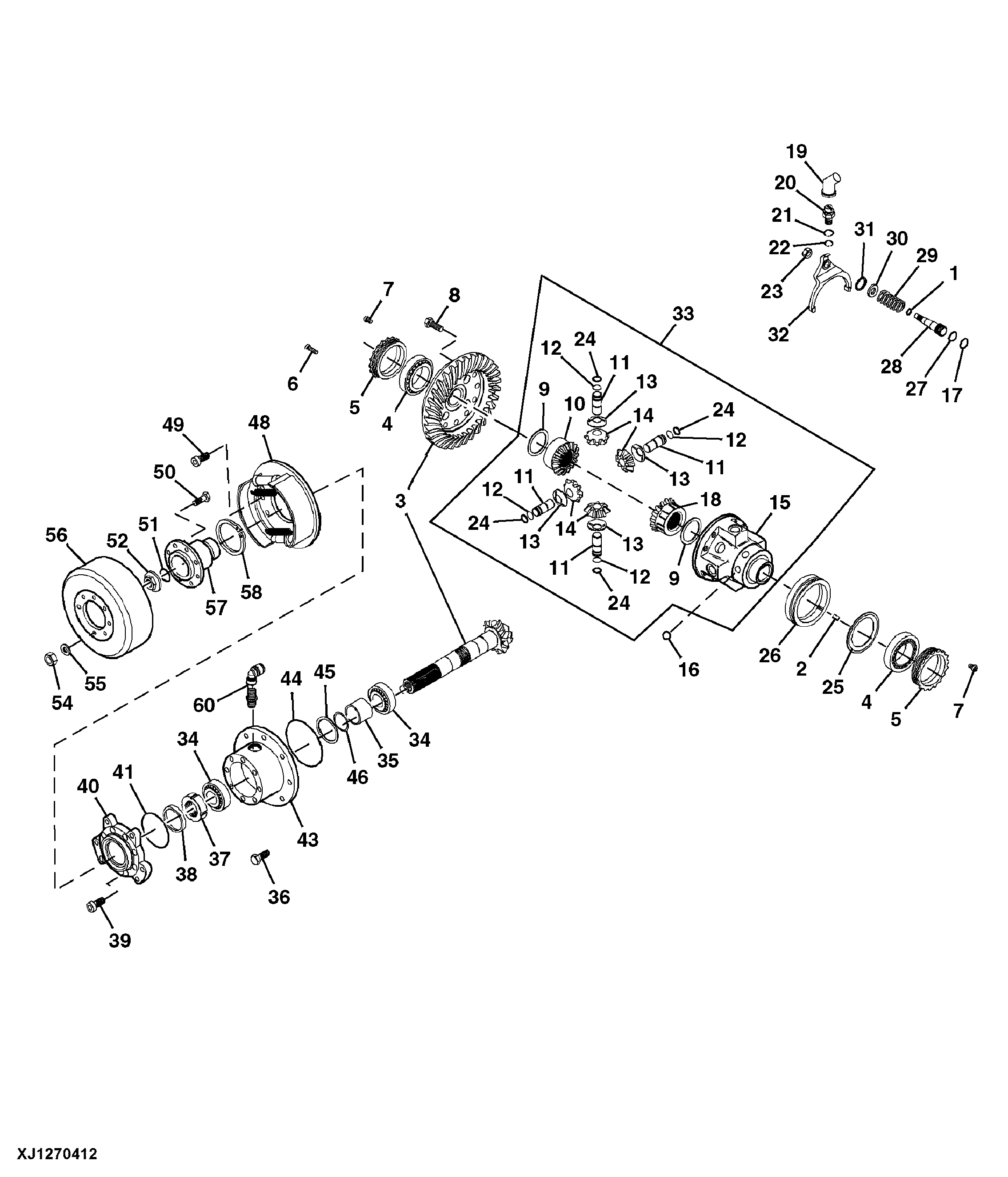 Front Axle Differential Housing, Bevel Gear and Disk